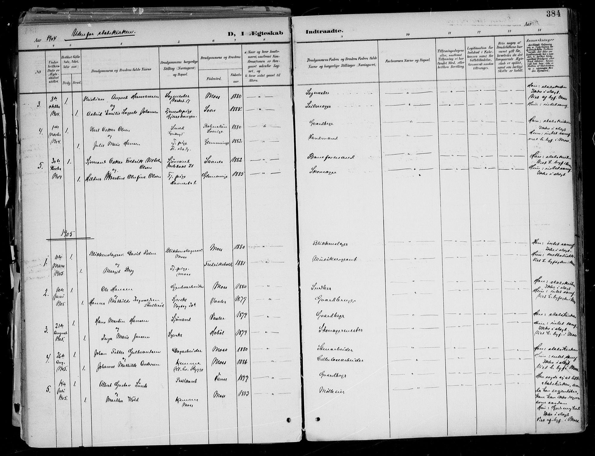 Moss prestekontor Kirkebøker, AV/SAO-A-2003/F/Fb/L0004: Parish register (official) no. II 4, 1902-1912, p. 384