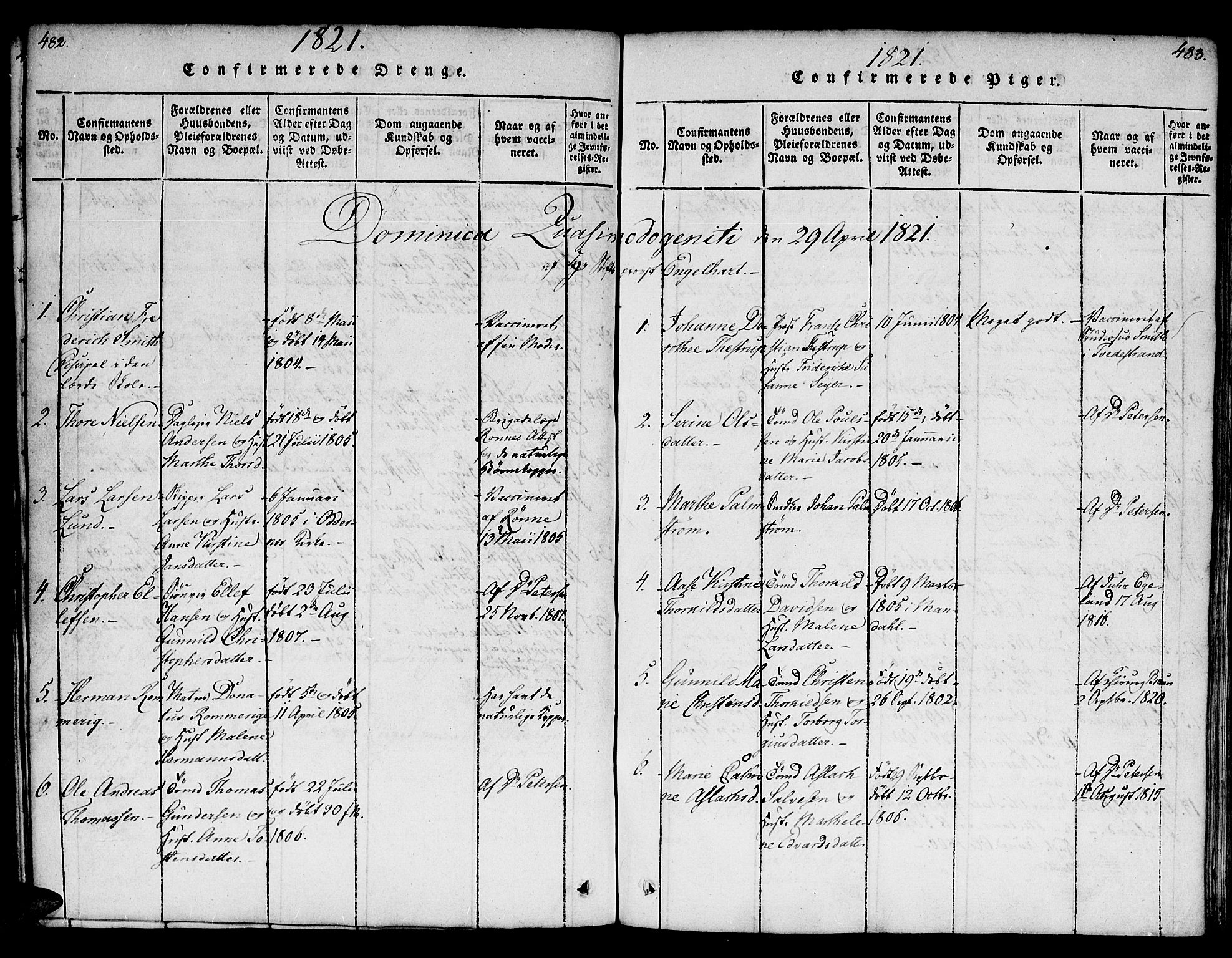 Kristiansand domprosti, SAK/1112-0006/F/Fb/L0001: Parish register (copy) no. B 1, 1818-1821, p. 482-483