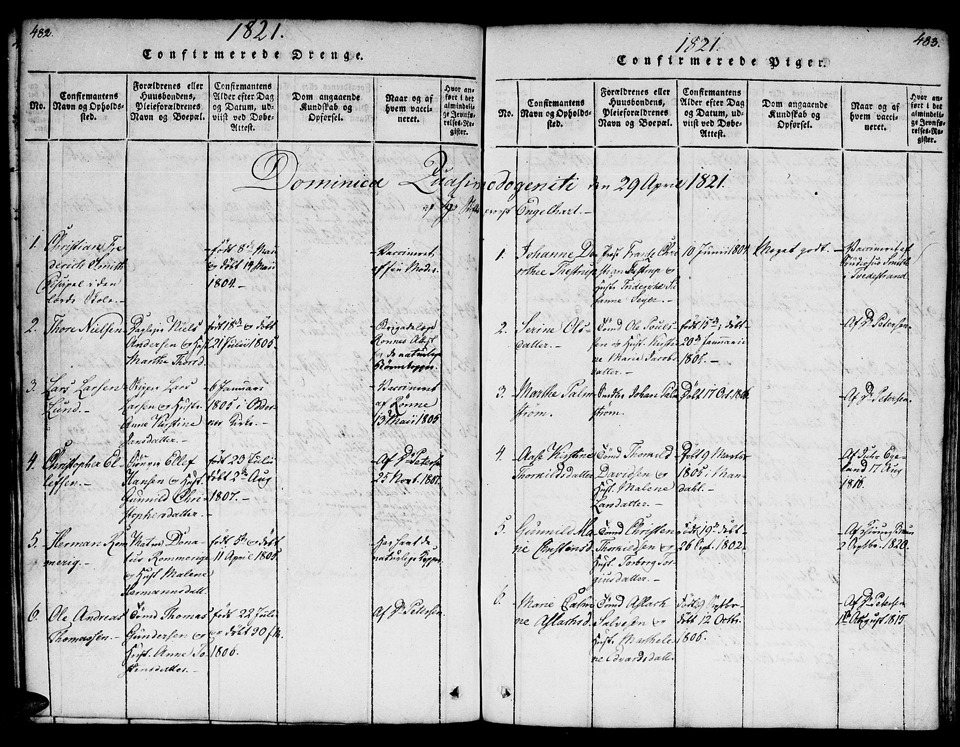 Kristiansand domprosti, AV/SAK-1112-0006/F/Fb/L0001: Parish register (copy) no. B 1, 1818-1821, p. 482-483