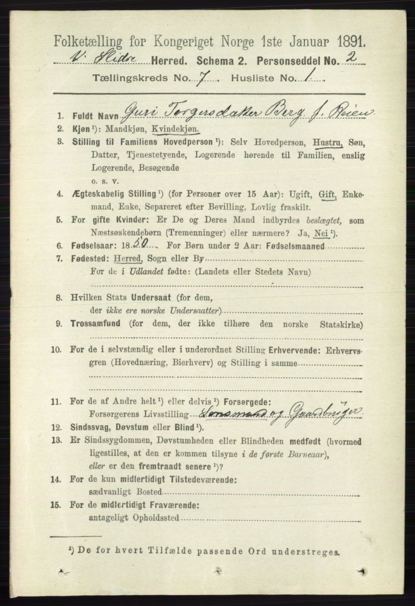 RA, 1891 census for 0543 Vestre Slidre, 1891, p. 2574