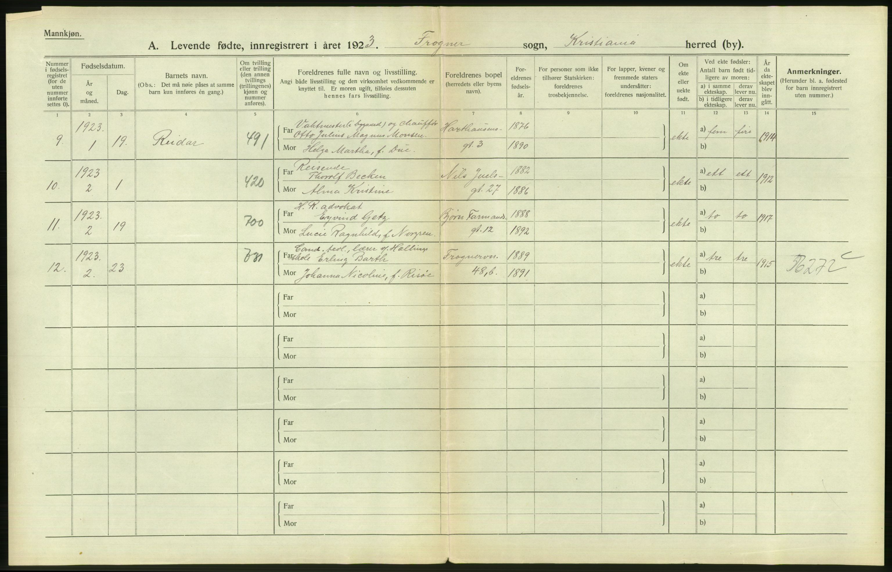 Statistisk sentralbyrå, Sosiodemografiske emner, Befolkning, AV/RA-S-2228/D/Df/Dfc/Dfcc/L0006: Kristiania: Levendefødte menn og kvinner., 1923, p. 620