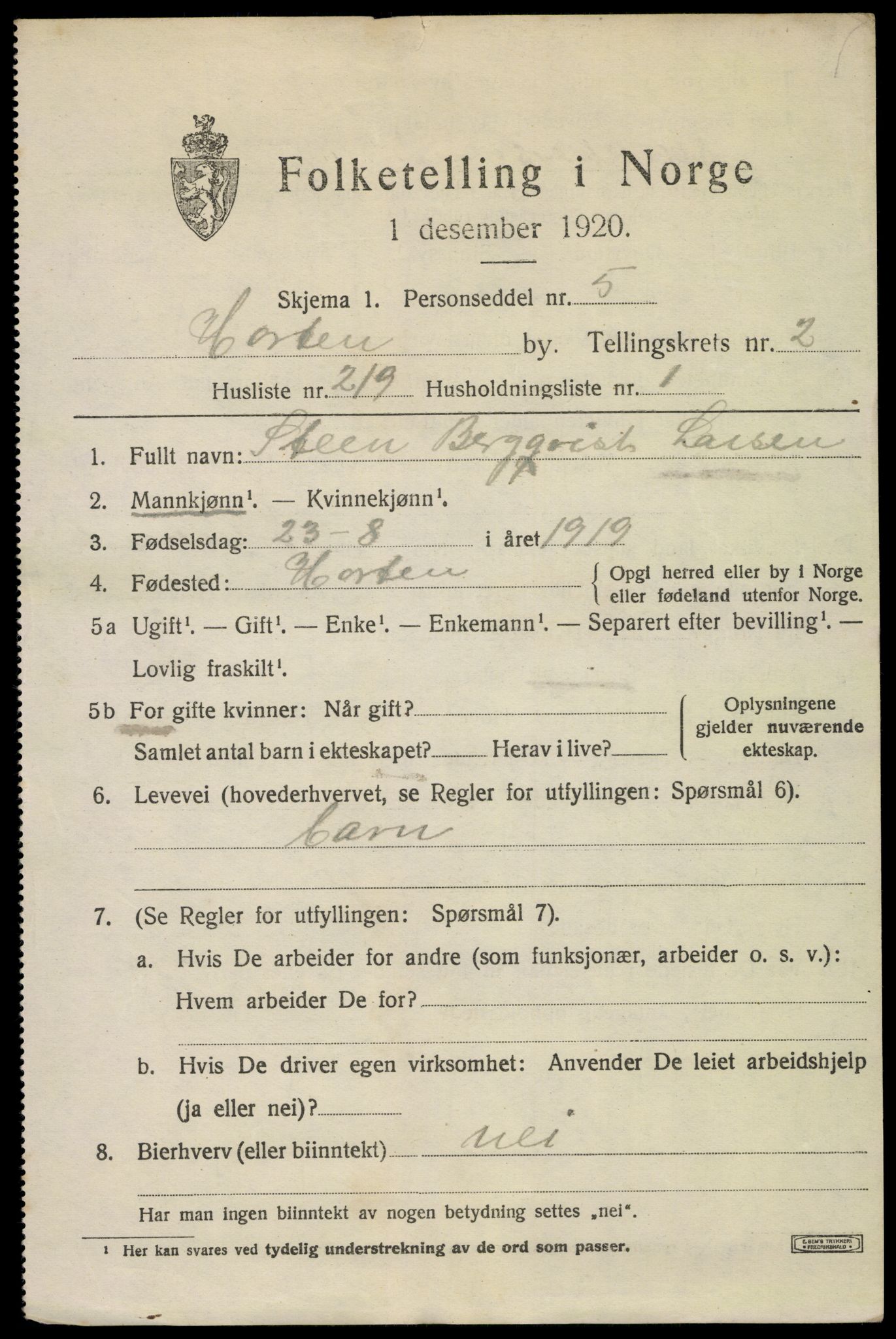 SAKO, 1920 census for Horten, 1920, p. 13457