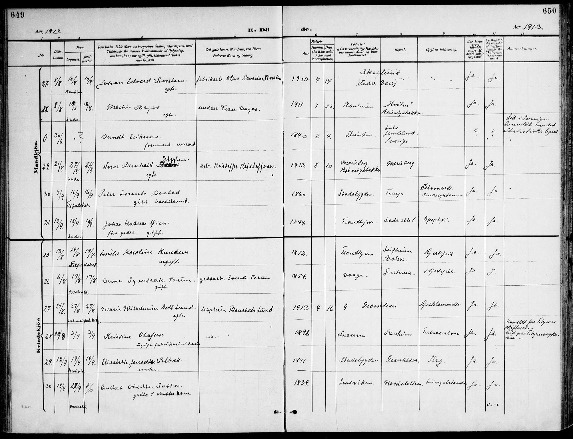 Ministerialprotokoller, klokkerbøker og fødselsregistre - Sør-Trøndelag, AV/SAT-A-1456/607/L0320: Parish register (official) no. 607A04, 1907-1915, p. 649-650