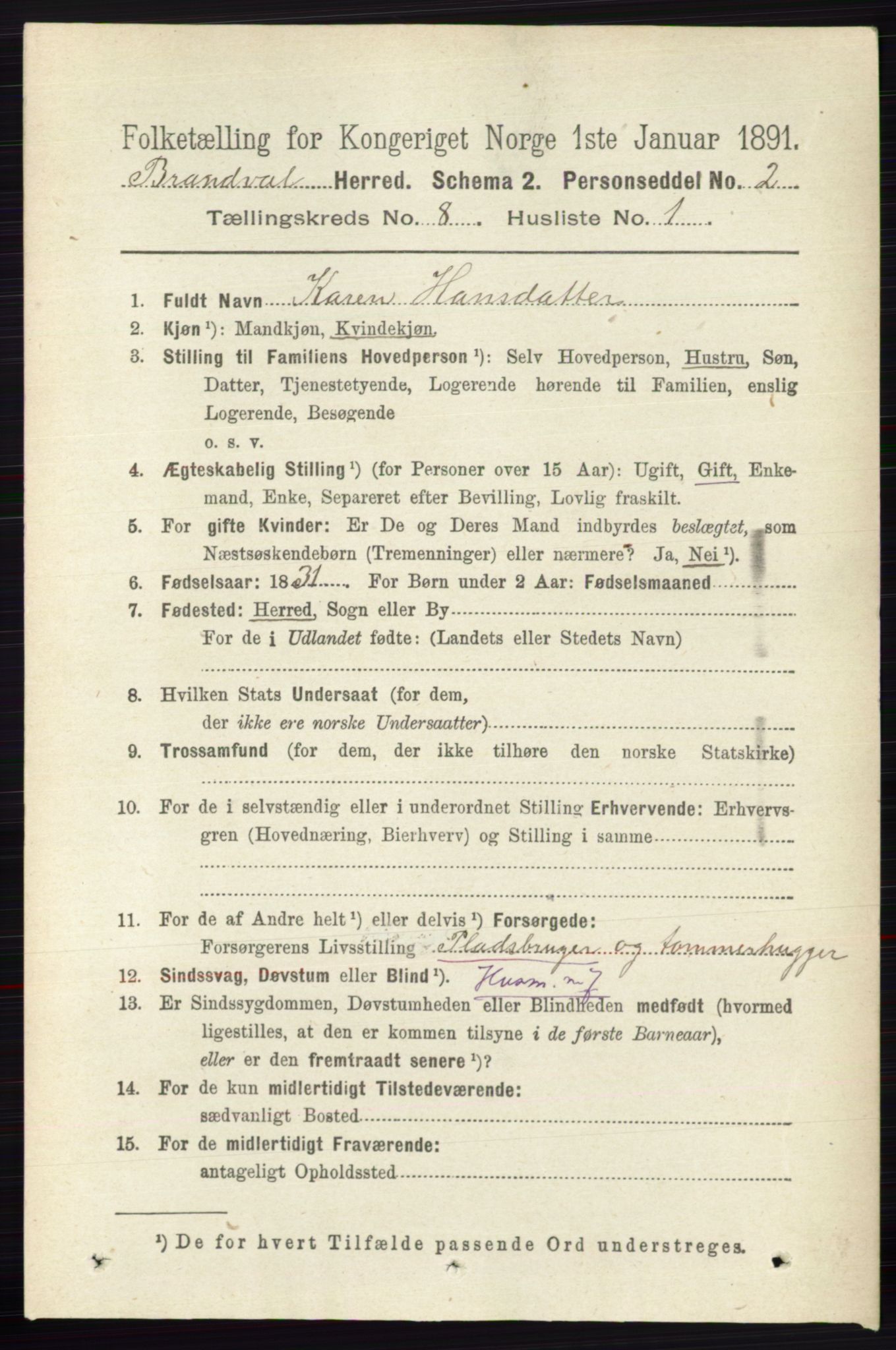 RA, 1891 census for 0422 Brandval, 1891, p. 3836