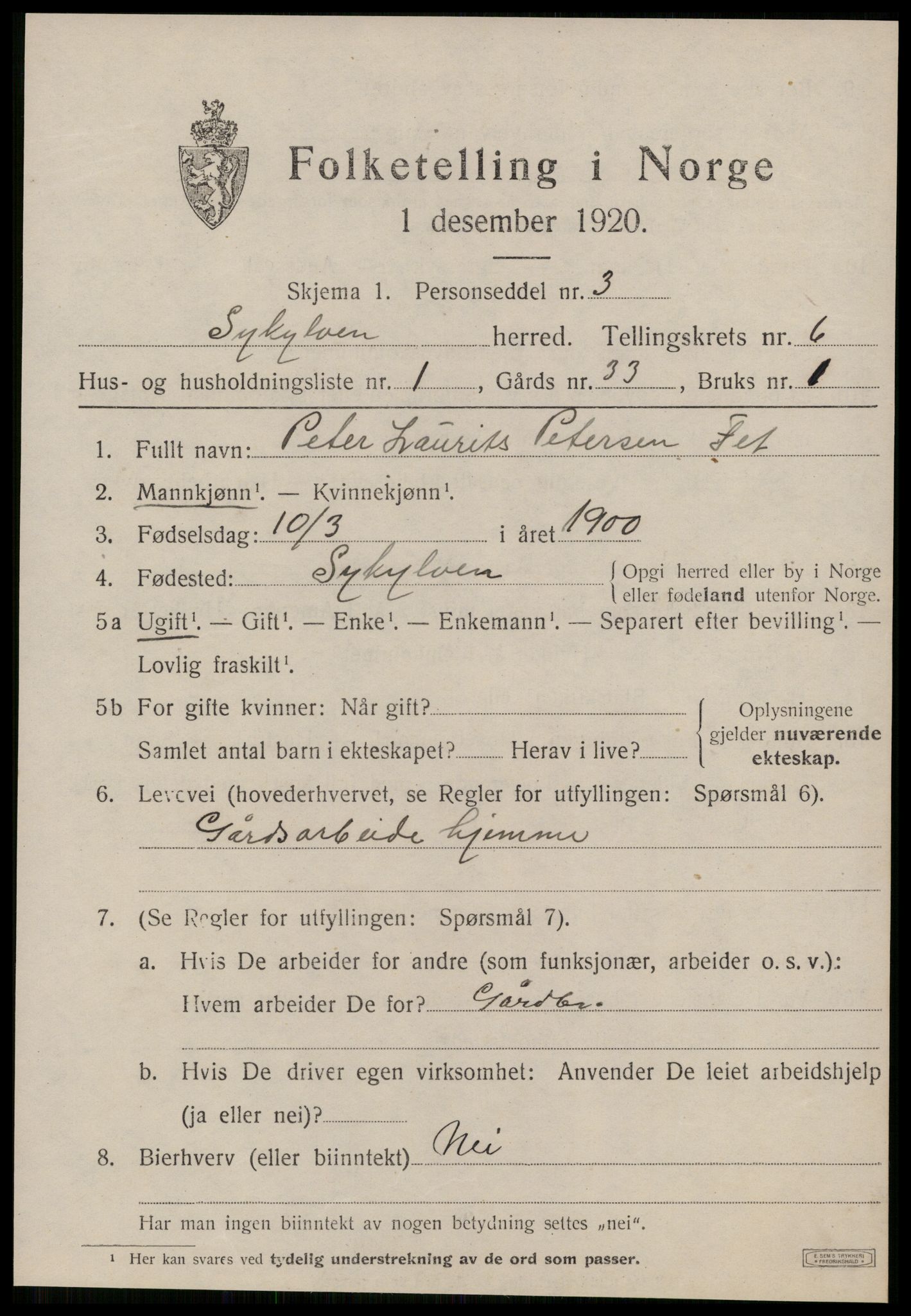 SAT, 1920 census for Sykkylven, 1920, p. 3647