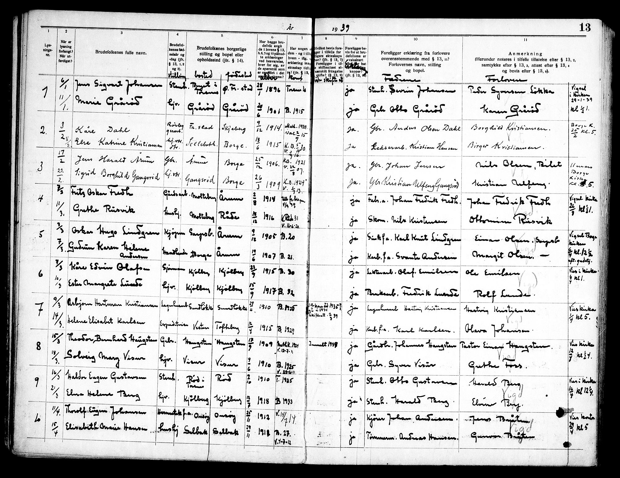 Borge prestekontor Kirkebøker, AV/SAO-A-10903/H/Ha/L0002: Banns register no. I 2, 1937-1956, p. 13
