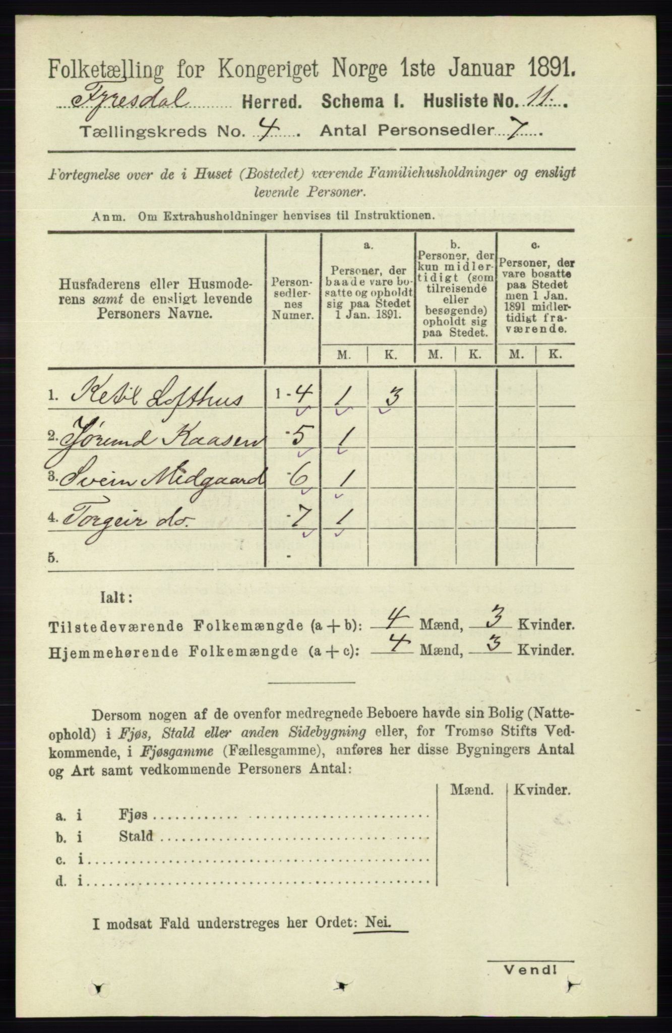 RA, 1891 census for 0831 Fyresdal, 1891, p. 752