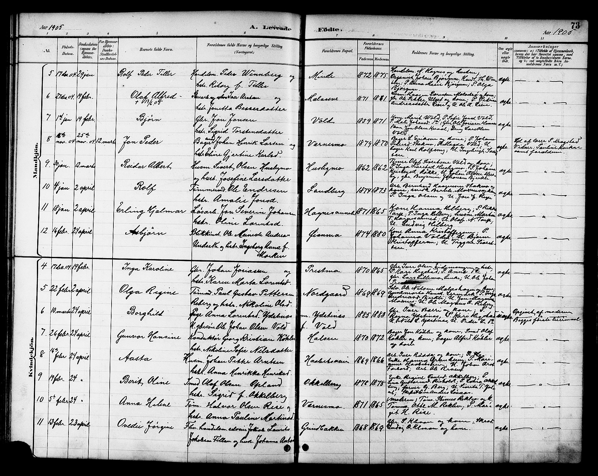 Ministerialprotokoller, klokkerbøker og fødselsregistre - Nord-Trøndelag, SAT/A-1458/709/L0087: Parish register (copy) no. 709C01, 1892-1913, p. 73
