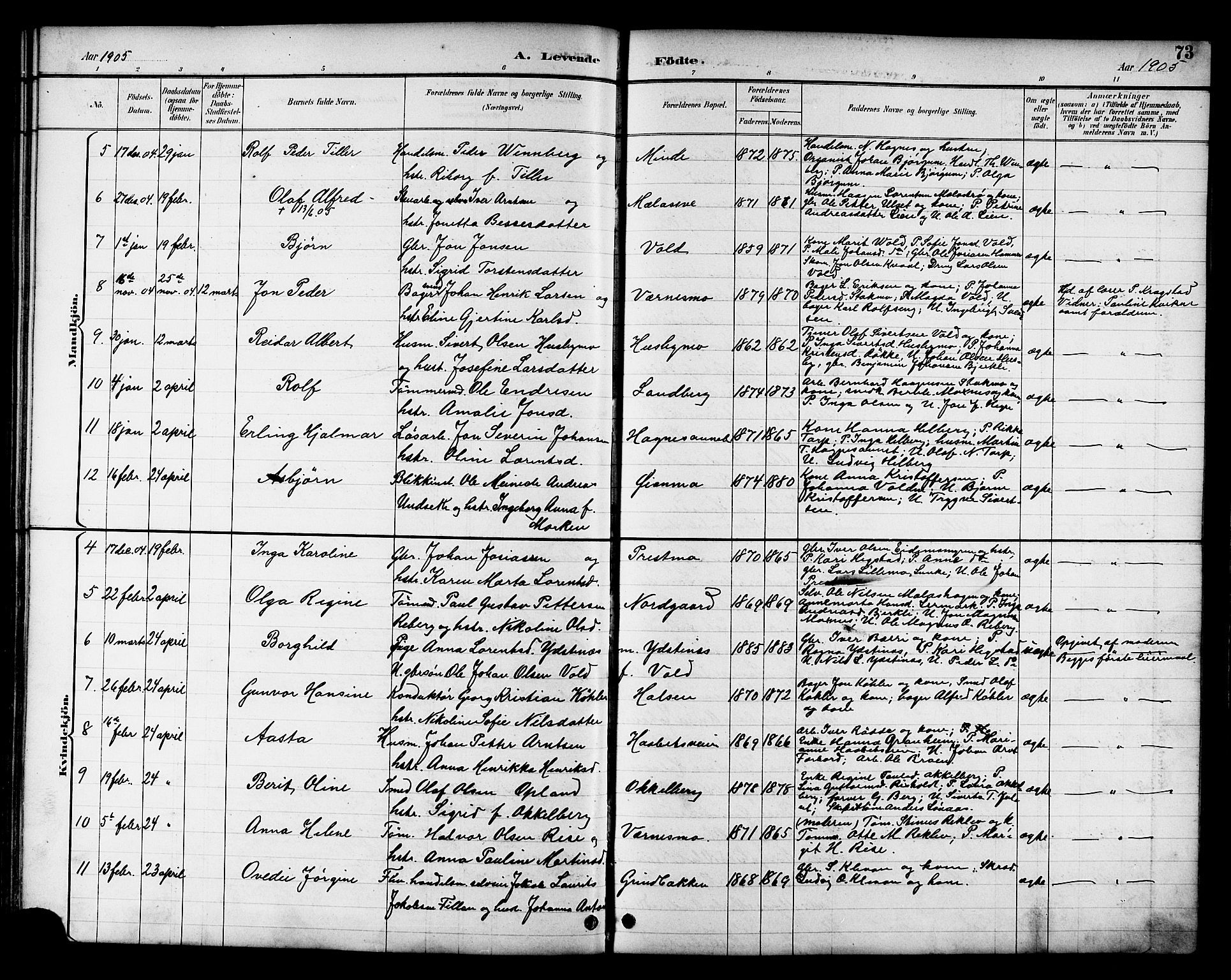 Ministerialprotokoller, klokkerbøker og fødselsregistre - Nord-Trøndelag, AV/SAT-A-1458/709/L0087: Parish register (copy) no. 709C01, 1892-1913, p. 73