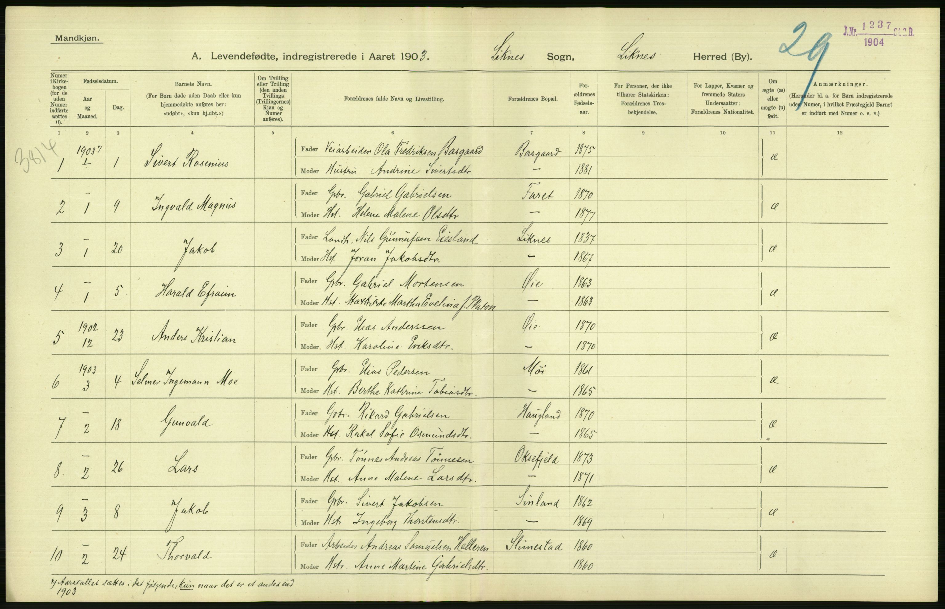 Statistisk sentralbyrå, Sosiodemografiske emner, Befolkning, AV/RA-S-2228/D/Df/Dfa/Dfaa/L0011: Lister og Mandal amt: Fødte, gifte, døde, 1903, p. 46