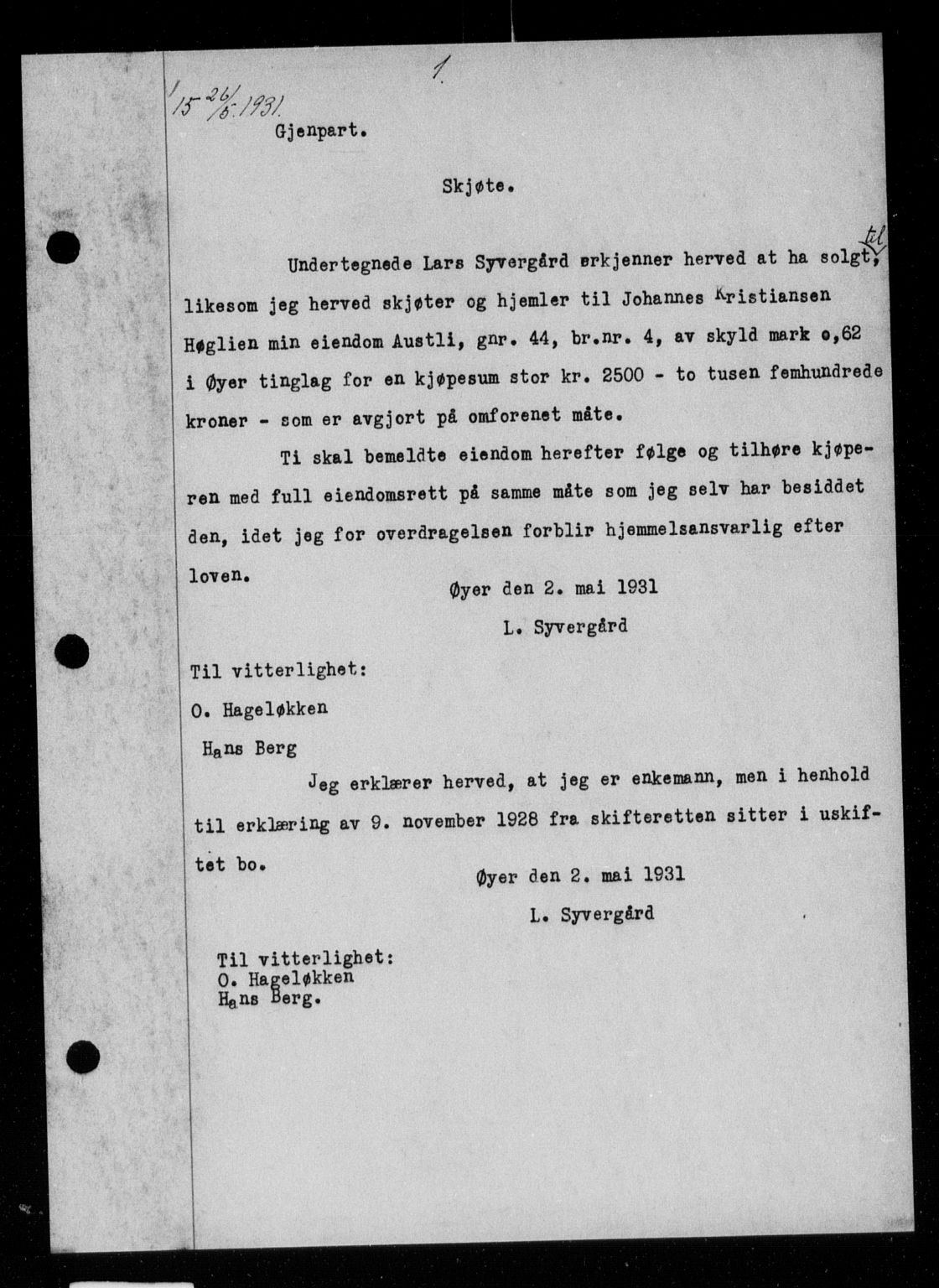 Sør-Gudbrandsdal tingrett, AV/SAH-TING-004/H/Hb/Hbb/L0022: Mortgage book no. II 22, 1931-1932, p. 1