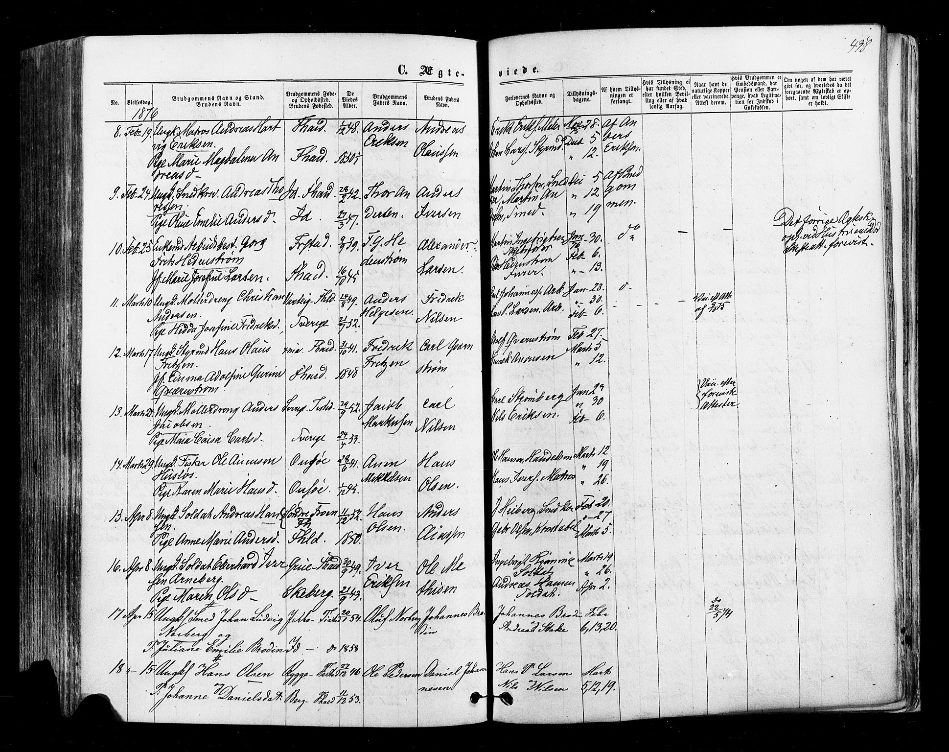 Halden prestekontor Kirkebøker, AV/SAO-A-10909/F/Fa/L0009: Parish register (official) no. I 9, 1866-1877, p. 438