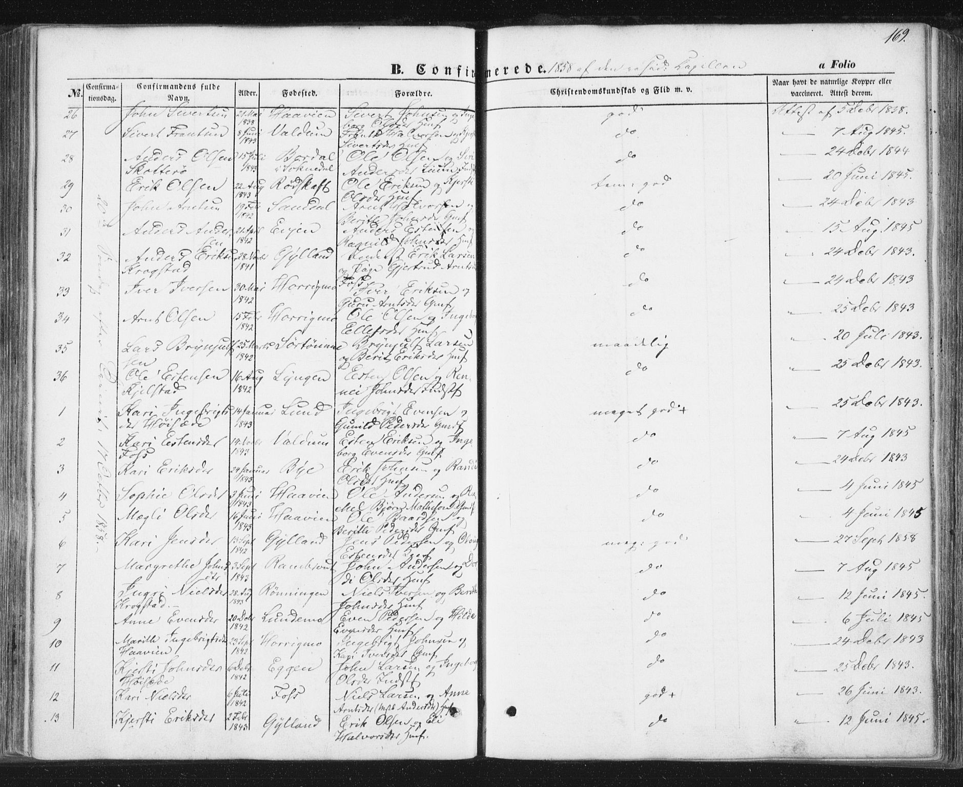 Ministerialprotokoller, klokkerbøker og fødselsregistre - Sør-Trøndelag, SAT/A-1456/692/L1103: Parish register (official) no. 692A03, 1849-1870, p. 169