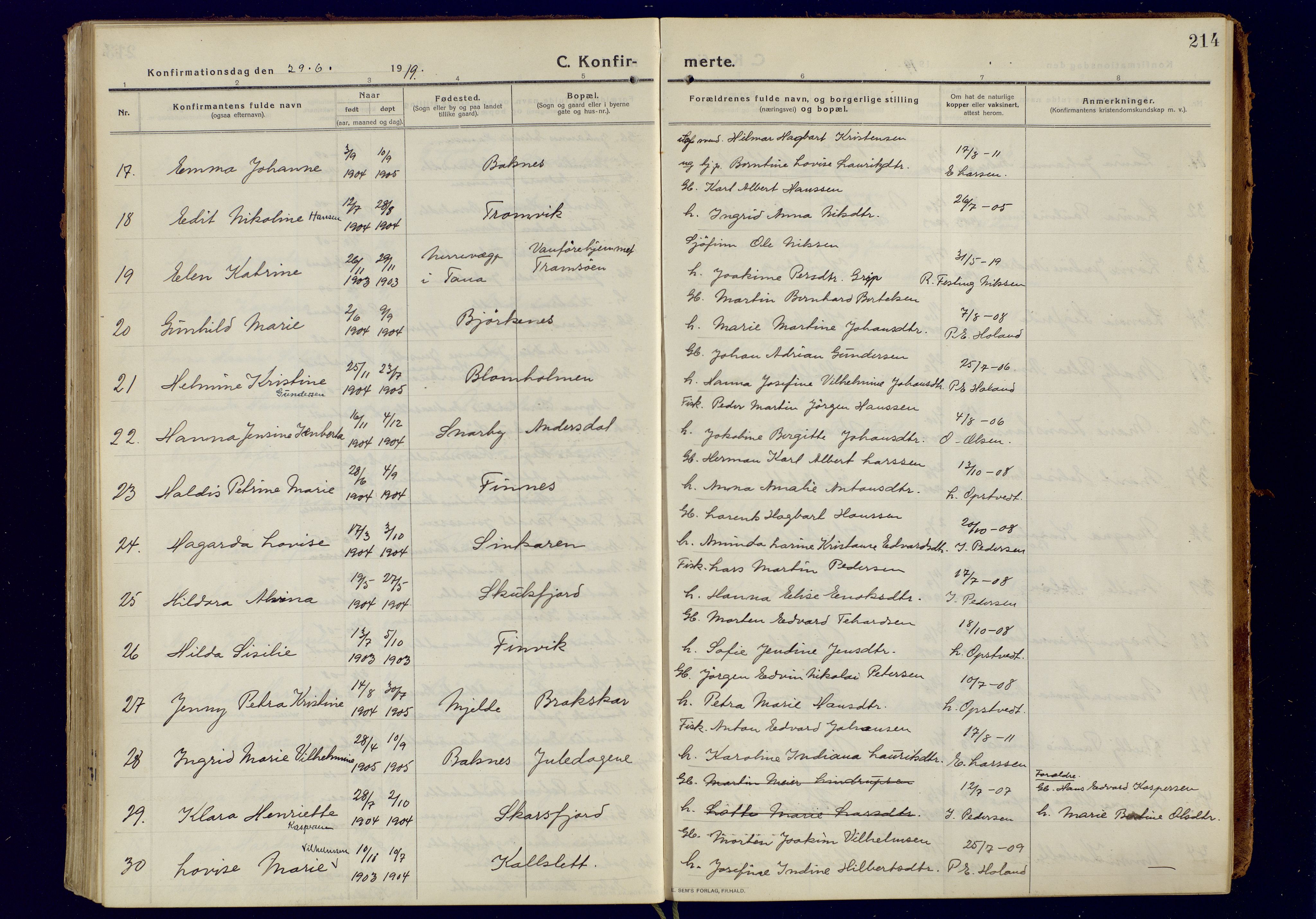 Tromsøysund sokneprestkontor, AV/SATØ-S-1304/G/Ga/L0008kirke: Parish register (official) no. 8, 1914-1922, p. 214