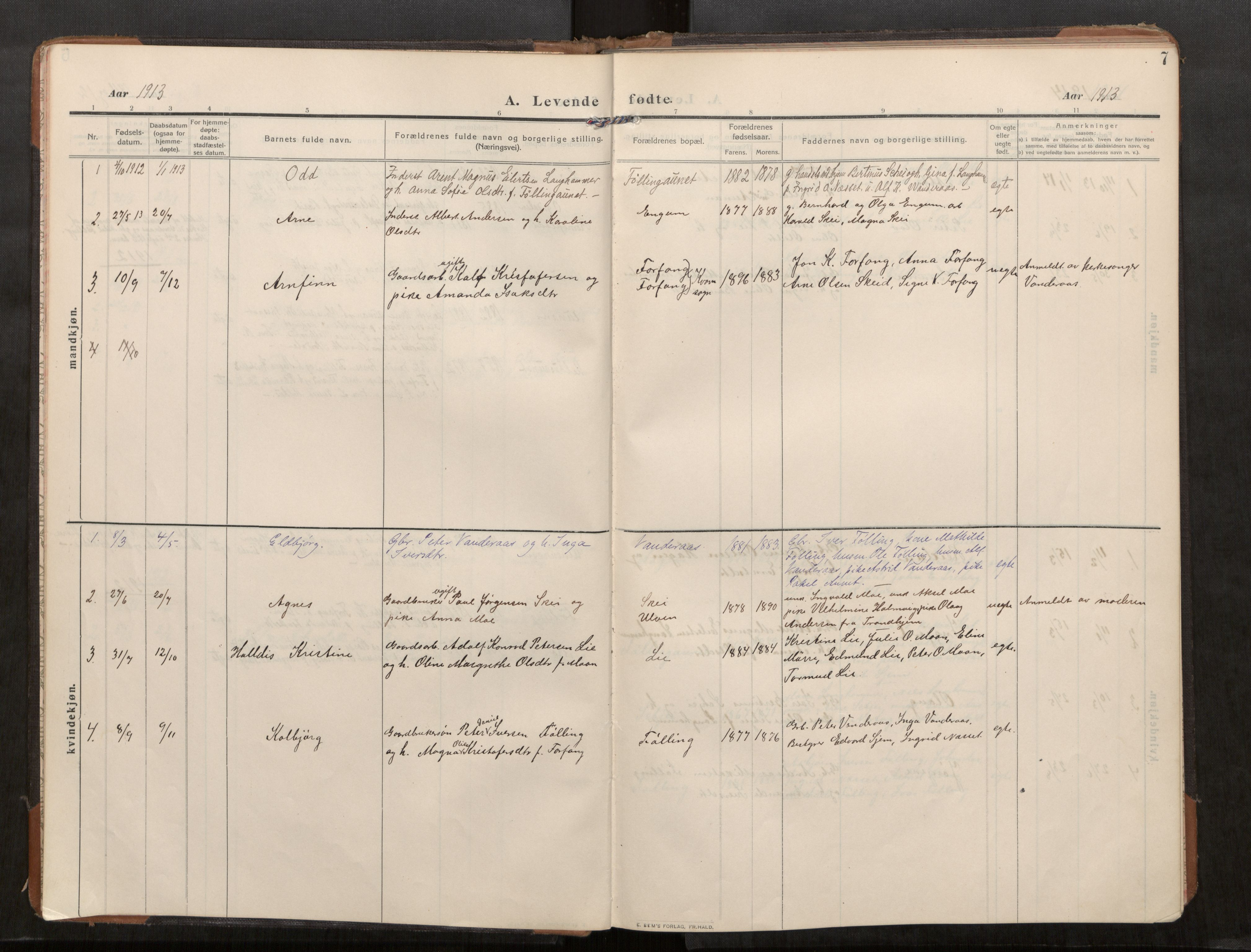 Stod sokneprestkontor, SAT/A-1164/1/I/I1/I1a/L0003: Parish register (official) no. 3, 1909-1934, p. 7