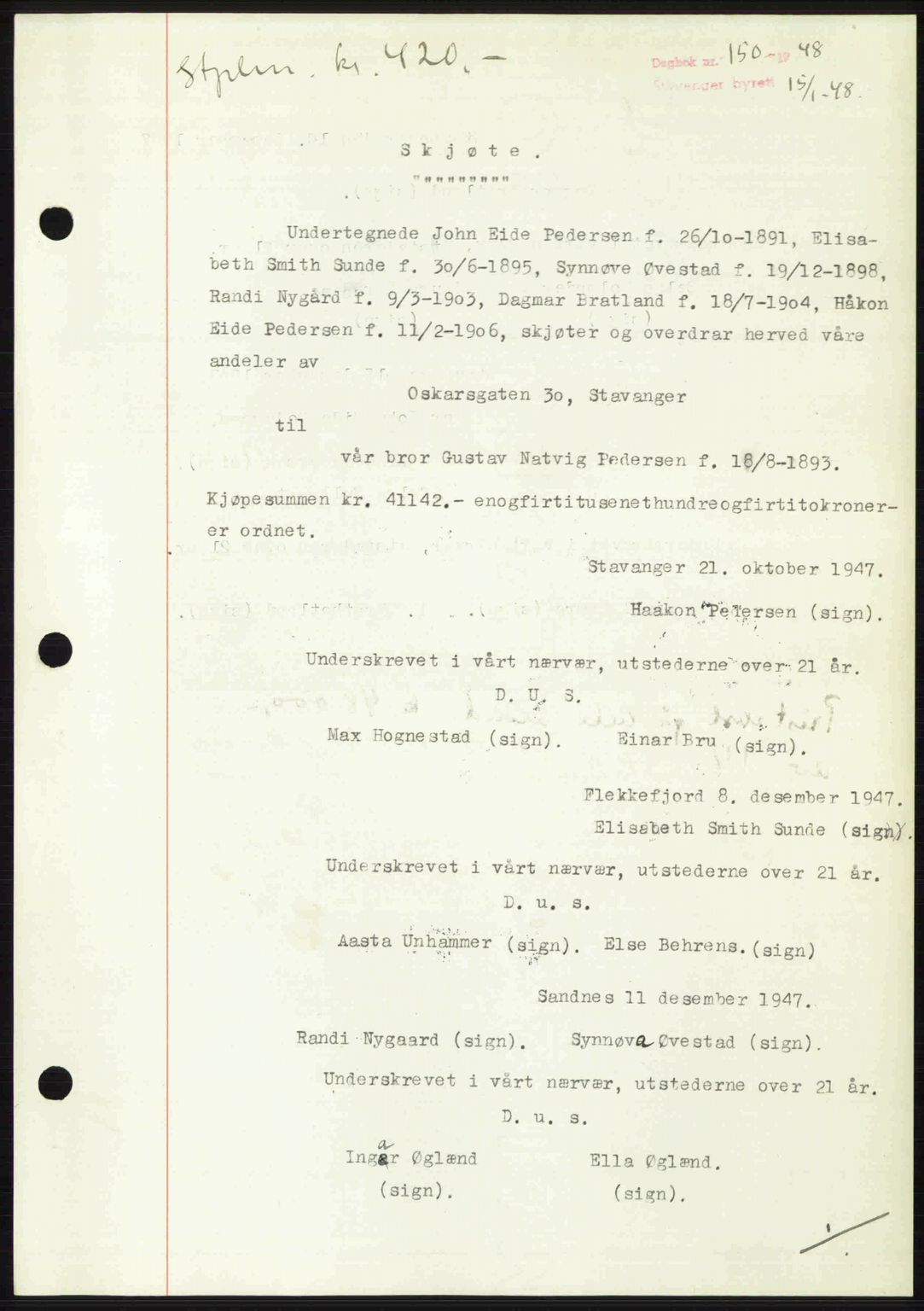 Stavanger byrett, SAST/A-100455/002/G/Gb/L0022: Mortgage book no. A11, 1947-1948, Diary no: : 150/1948