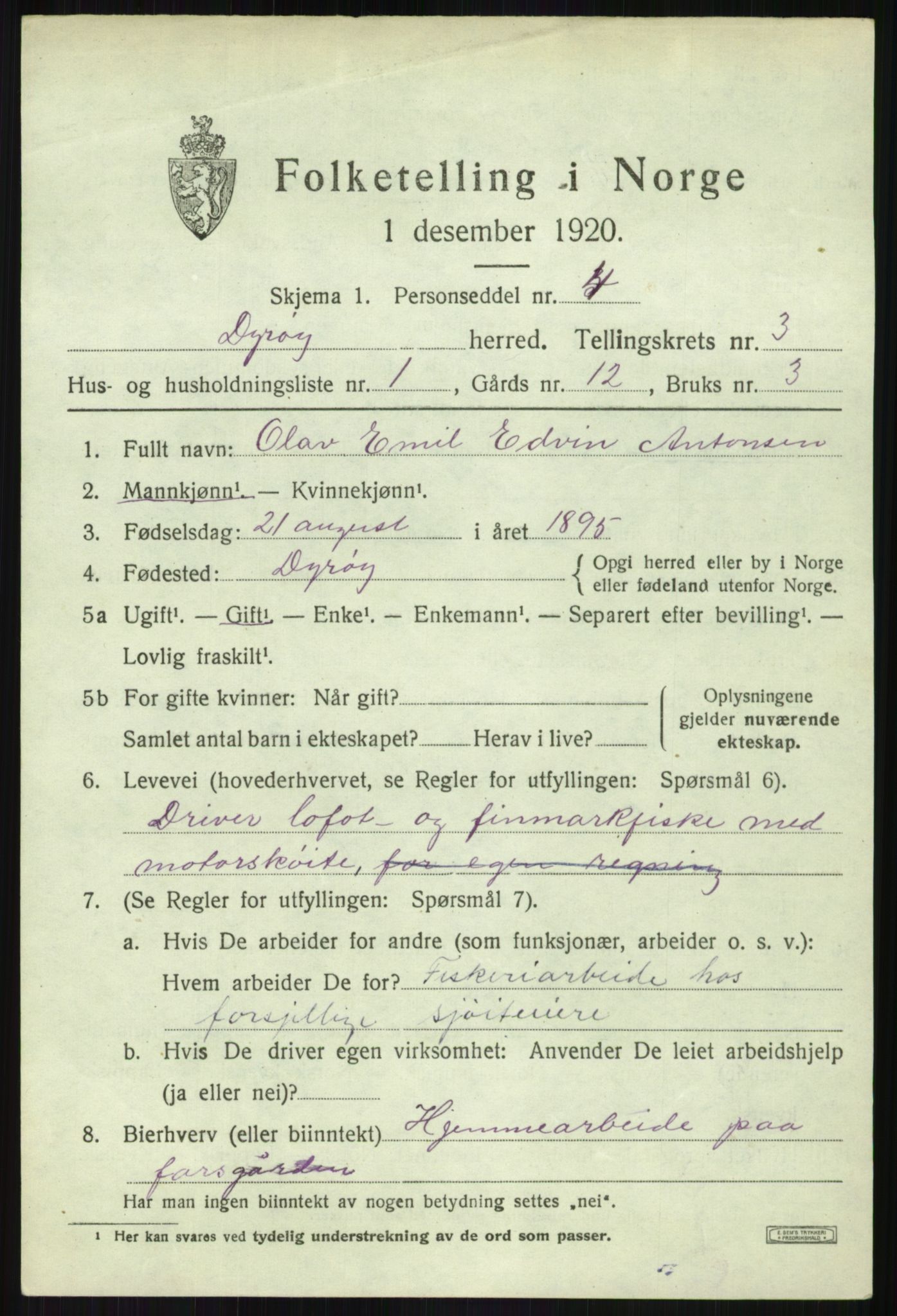 SATØ, 1920 census for Dyrøy, 1920, p. 1661