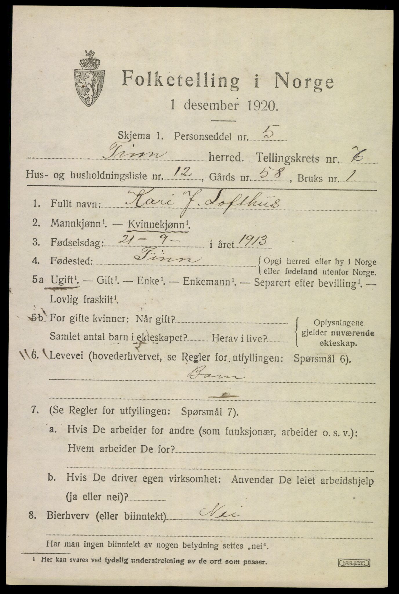 SAKO, 1920 census for Tinn, 1920, p. 4638