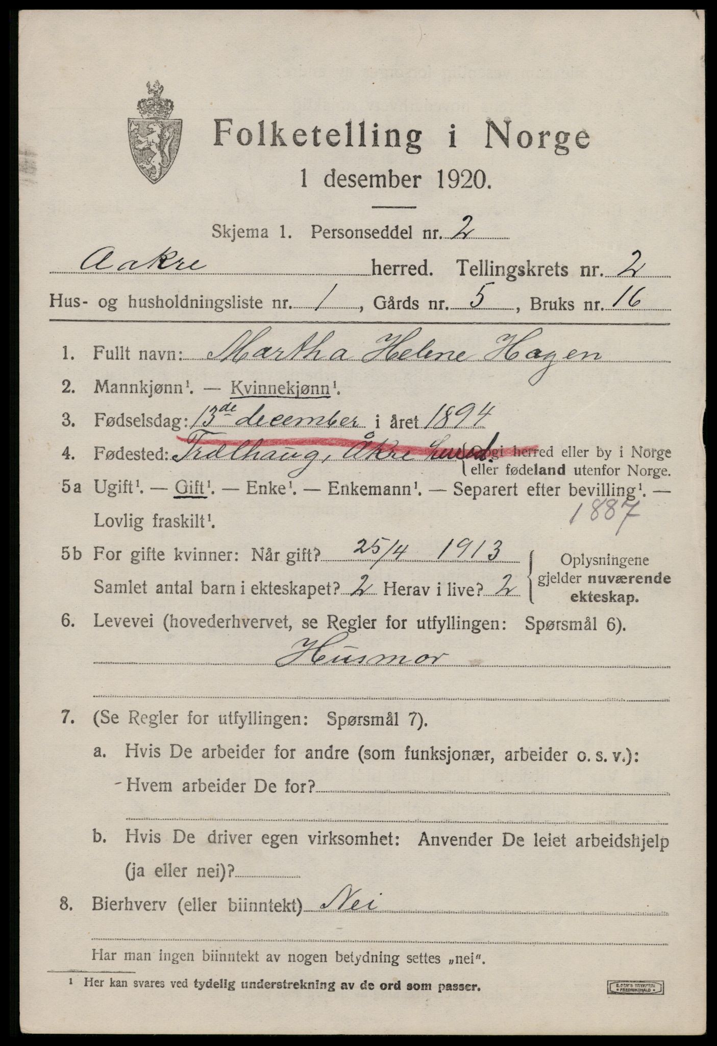 SAST, 1920 census for Åkra, 1920, p. 2954