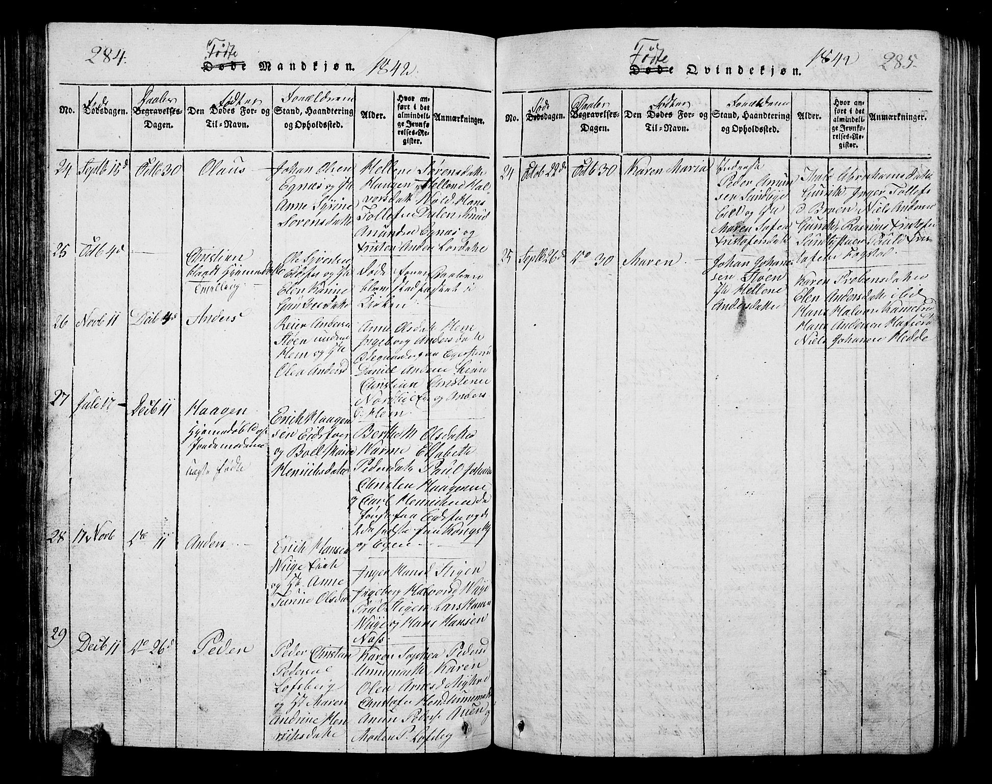 Hof kirkebøker, AV/SAKO-A-64/G/Ga/L0001: Parish register (copy) no. I 1, 1814-1844, p. 284-285