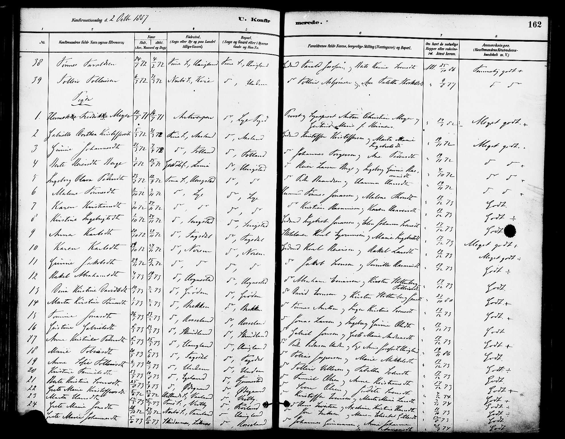 Lye sokneprestkontor, AV/SAST-A-101794/001/30BA/L0009: Parish register (official) no. A 8, 1881-1892, p. 162