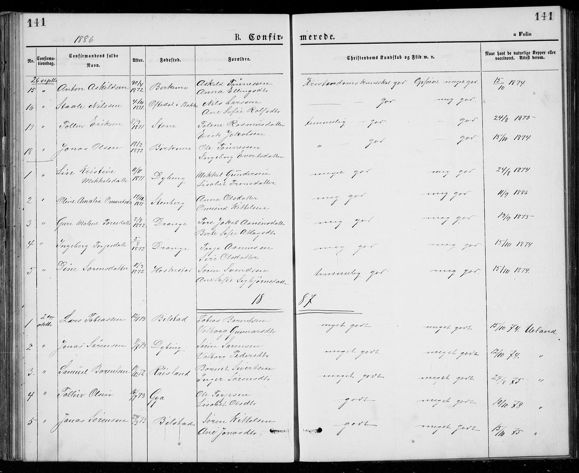 Lund sokneprestkontor, AV/SAST-A-101809/S07/L0005: Parish register (copy) no. B 5, 1875-1889, p. 141