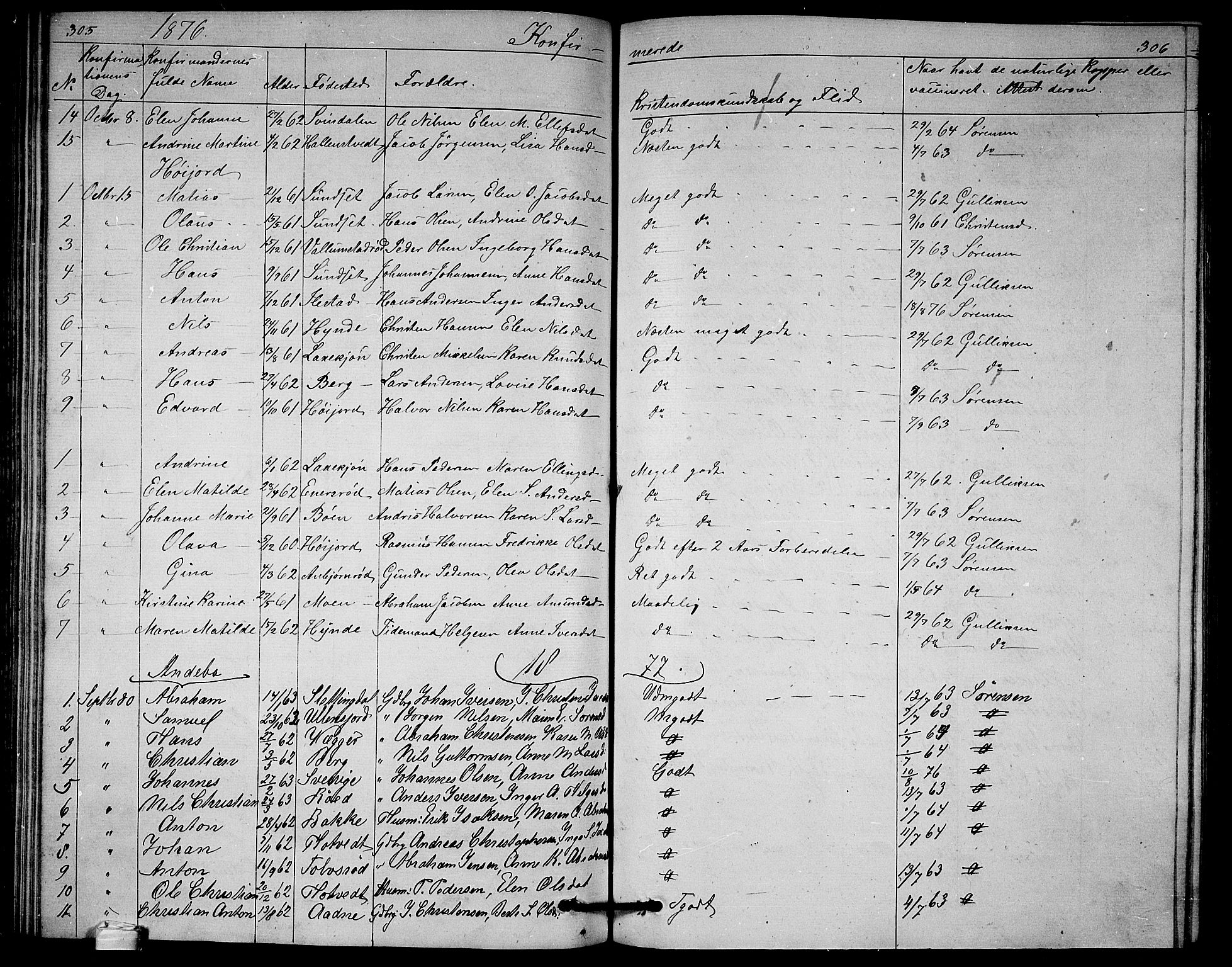 Andebu kirkebøker, SAKO/A-336/G/Ga/L0004: Parish register (copy) no. I 4, 1868-1882, p. 305-306