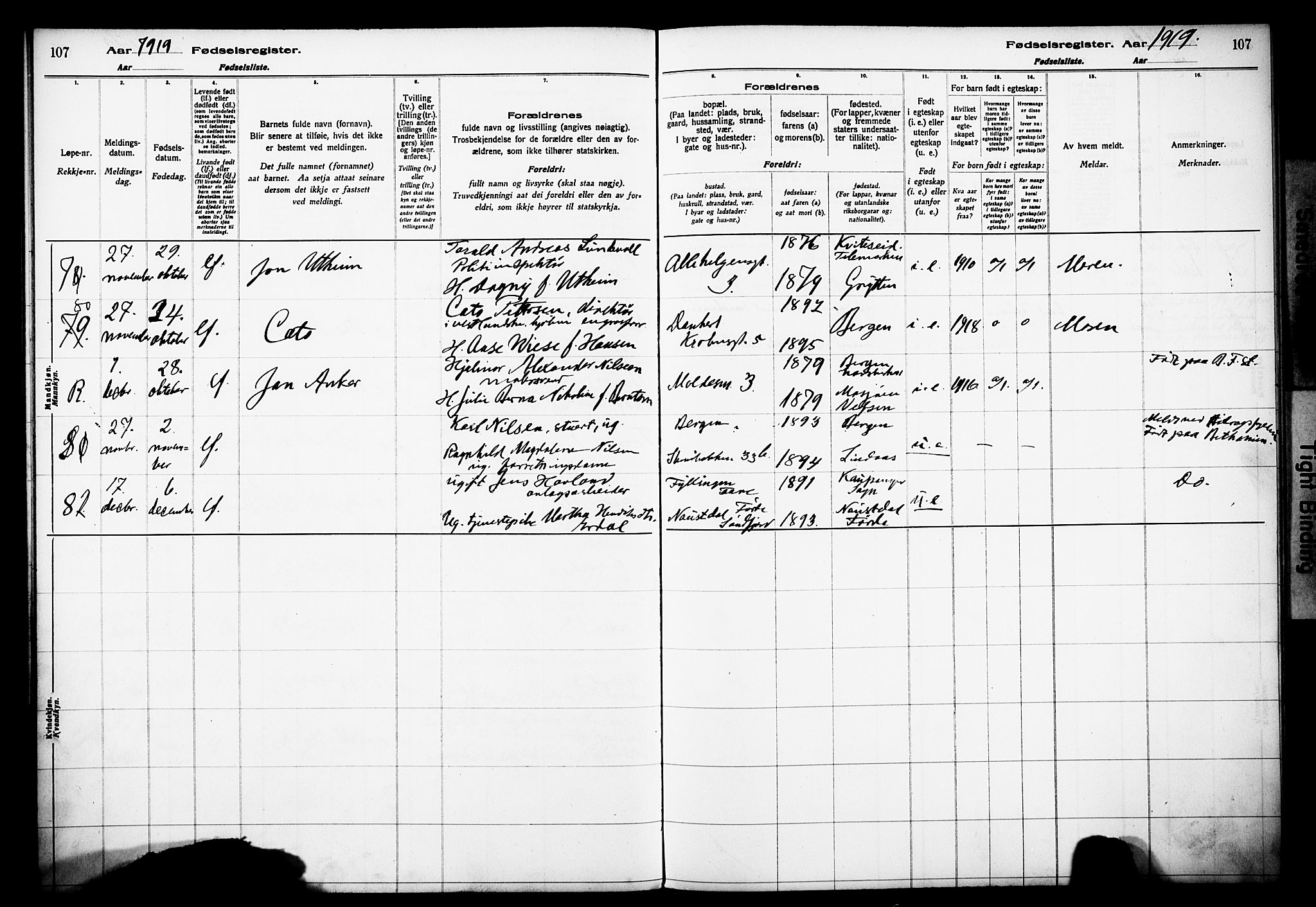 Domkirken sokneprestembete, AV/SAB-A-74801/I/Id/L00A1: Birth register no. A 1, 1916-1923, p. 107