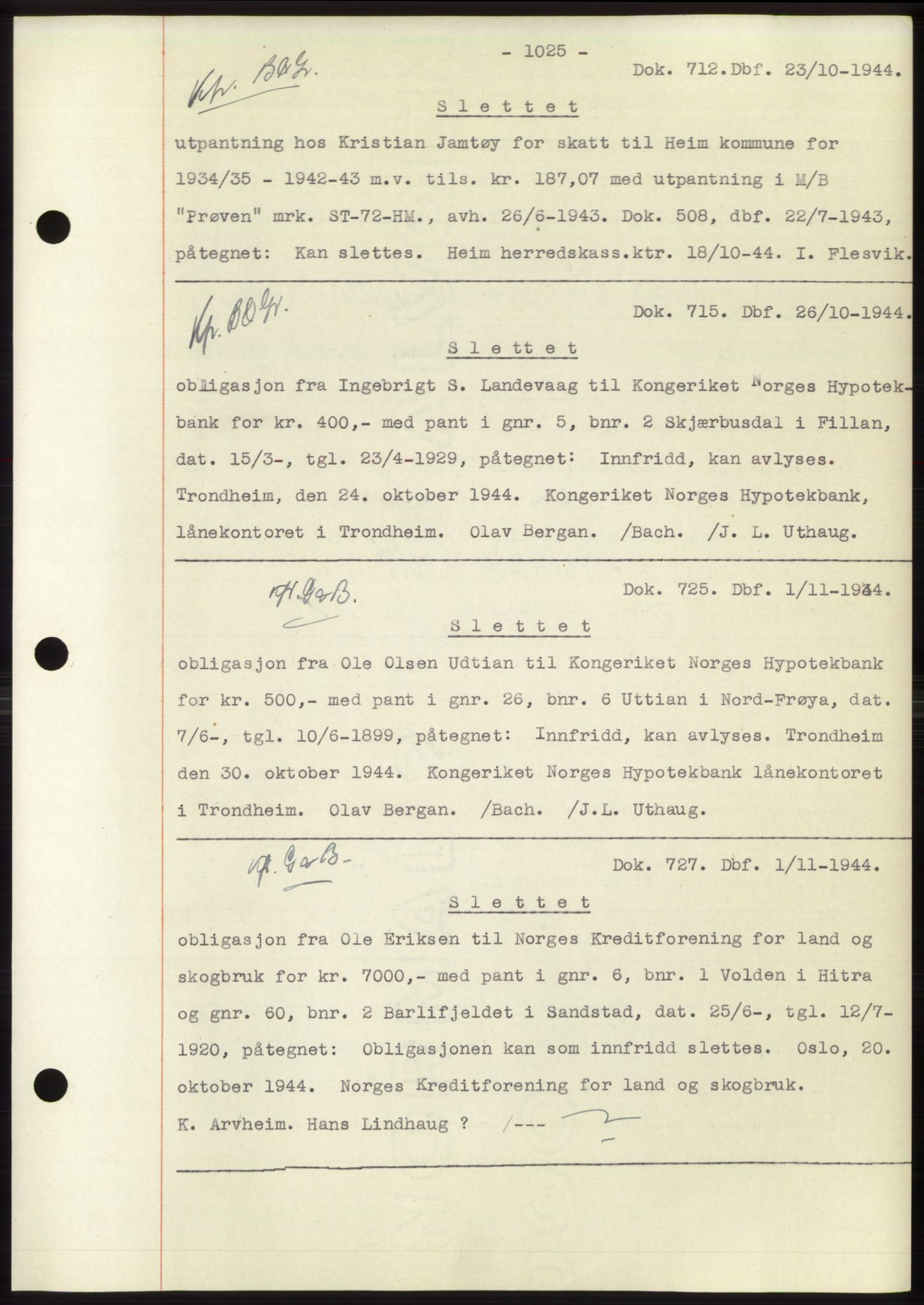 Hitra sorenskriveri, AV/SAT-A-0018/2/2C/2Ca: Mortgage book no. C1, 1936-1945, Diary no: : 712/1944