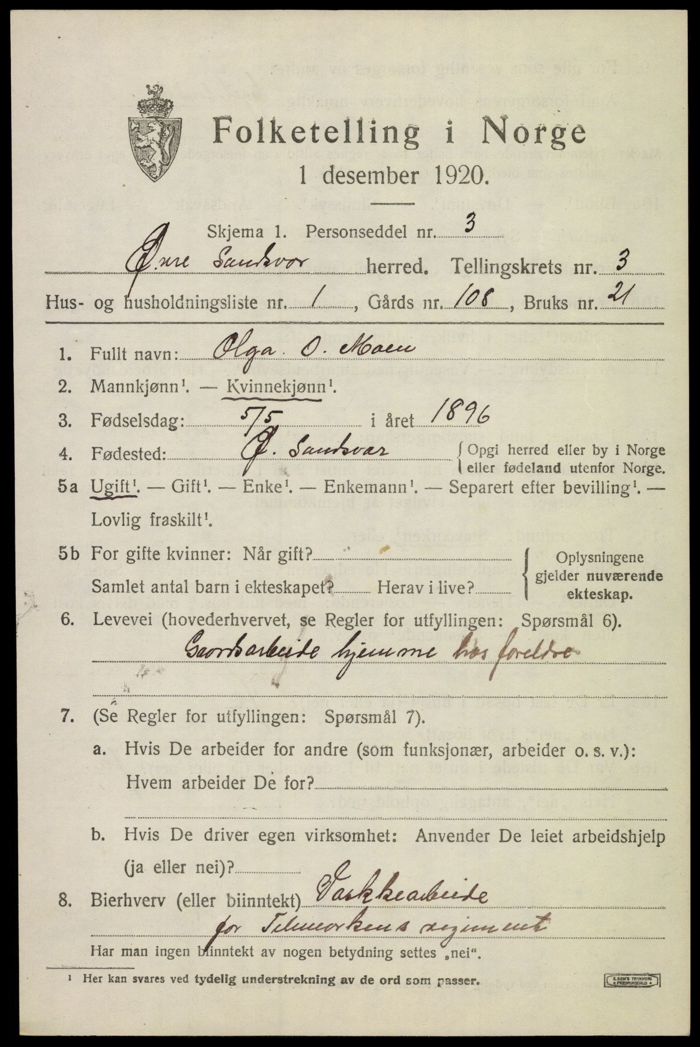 SAKO, 1920 census for Øvre Sandsvær, 1920, p. 1964