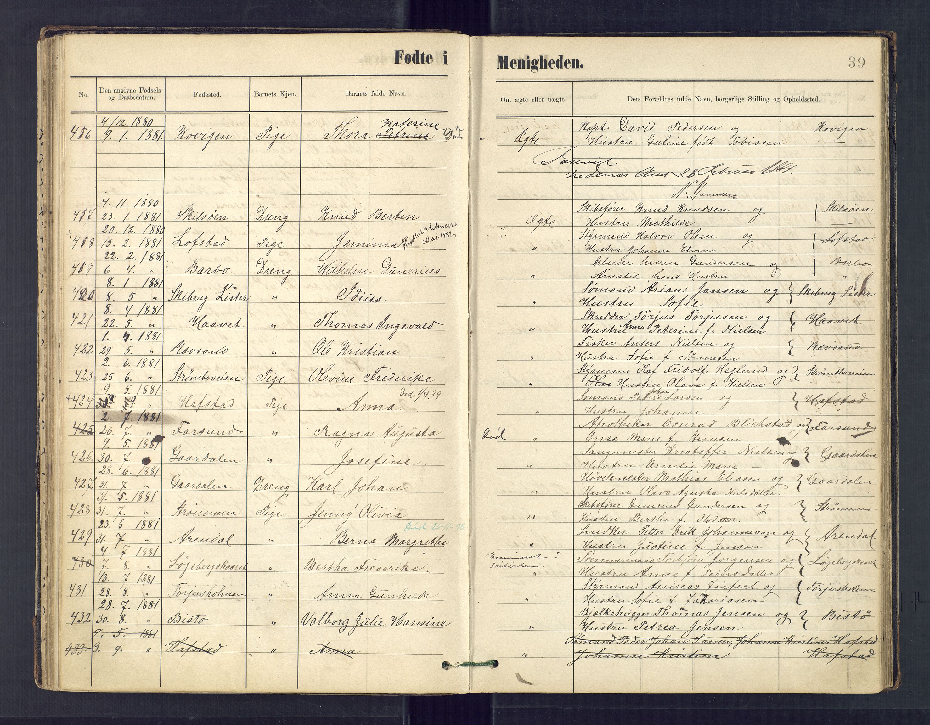 Metodistmenigheten, Arendal, SAK/1292-0011/F/Fa/L0003: Dissenter register no. 3, 1879-1893, p. 39