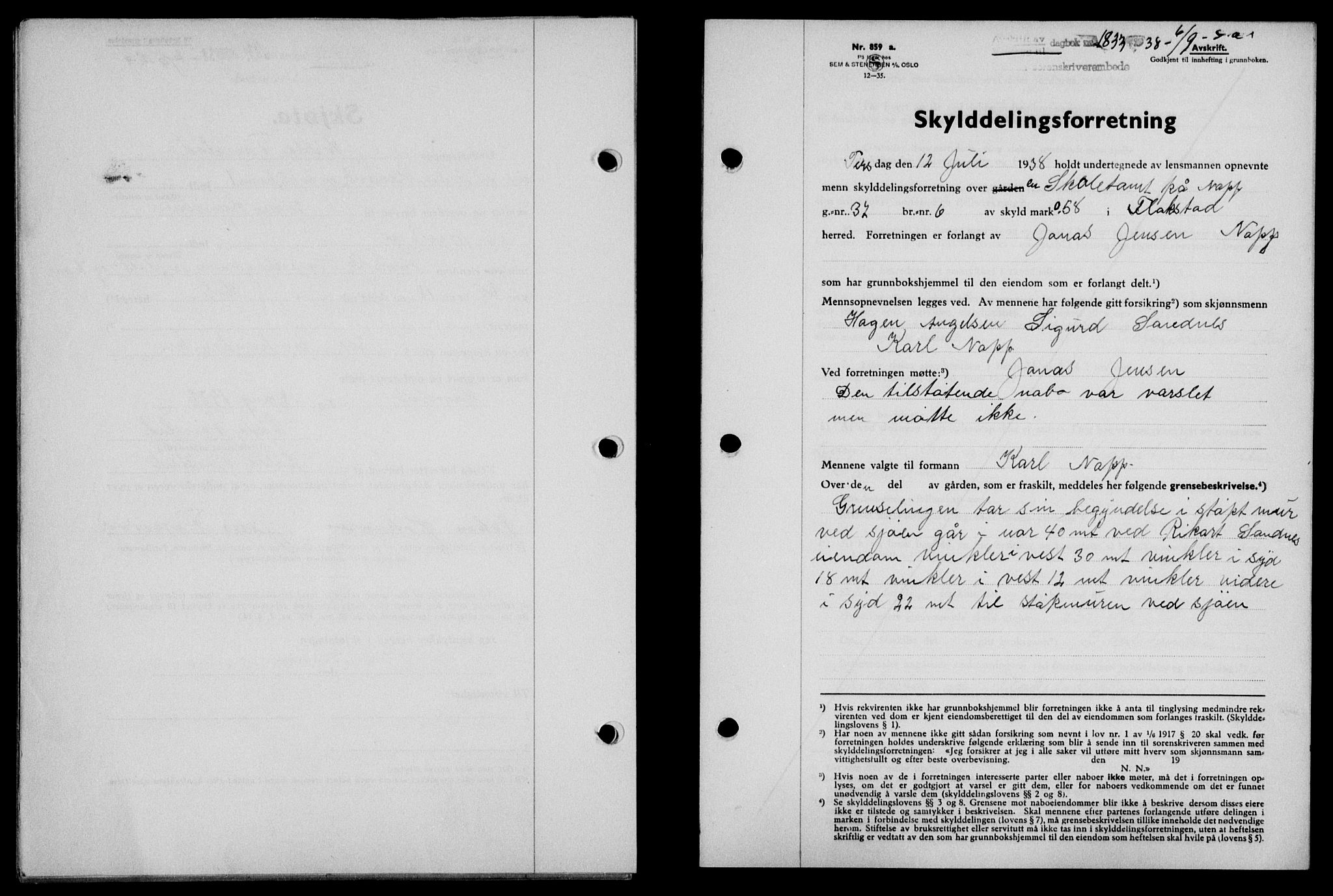 Lofoten sorenskriveri, SAT/A-0017/1/2/2C/L0004a: Mortgage book no. 4a, 1938-1938, Diary no: : 1833/1938