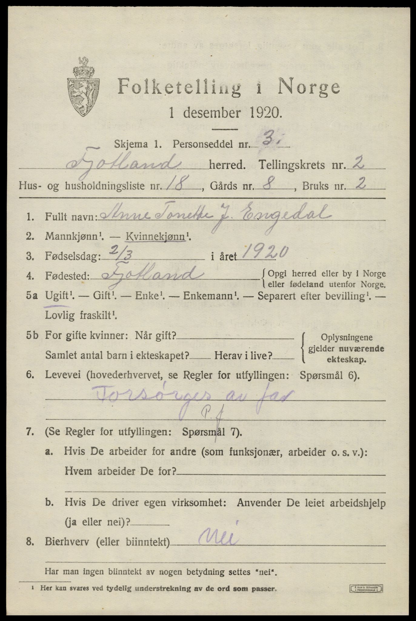 SAK, 1920 census for Fjotland, 1920, p. 874