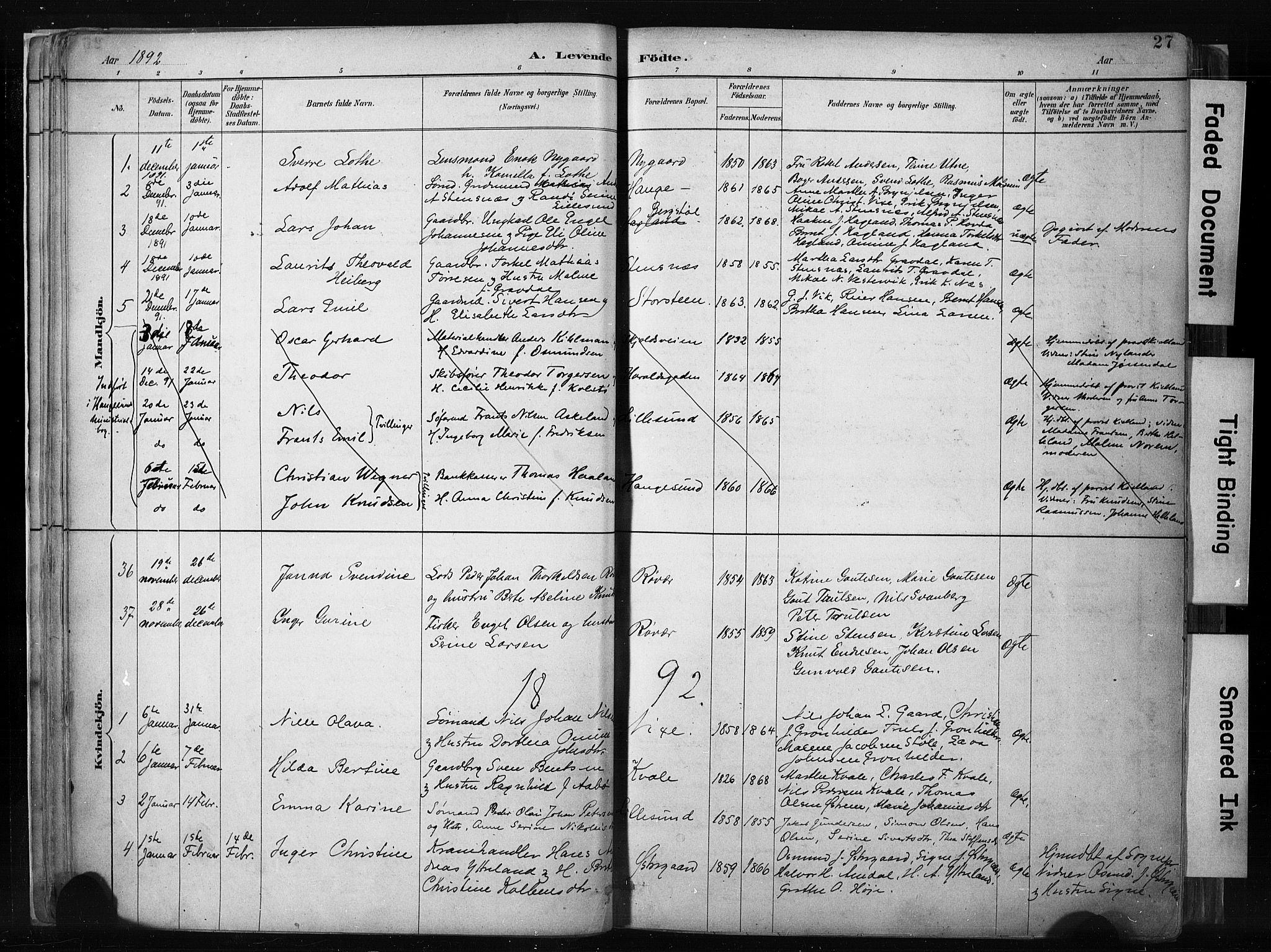 Haugesund sokneprestkontor, AV/SAST-A -101863/H/Ha/Haa/L0004: Parish register (official) no. A 4, 1886-1908, p. 27