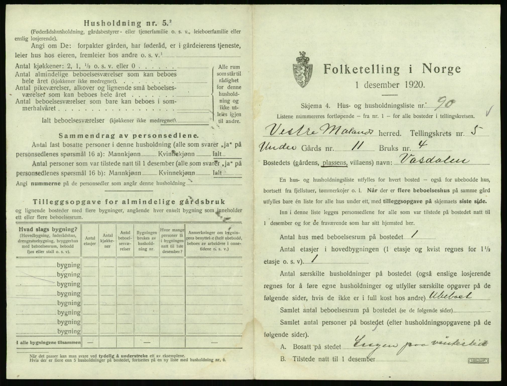 SAK, 1920 census for Vestre Moland, 1920, p. 815