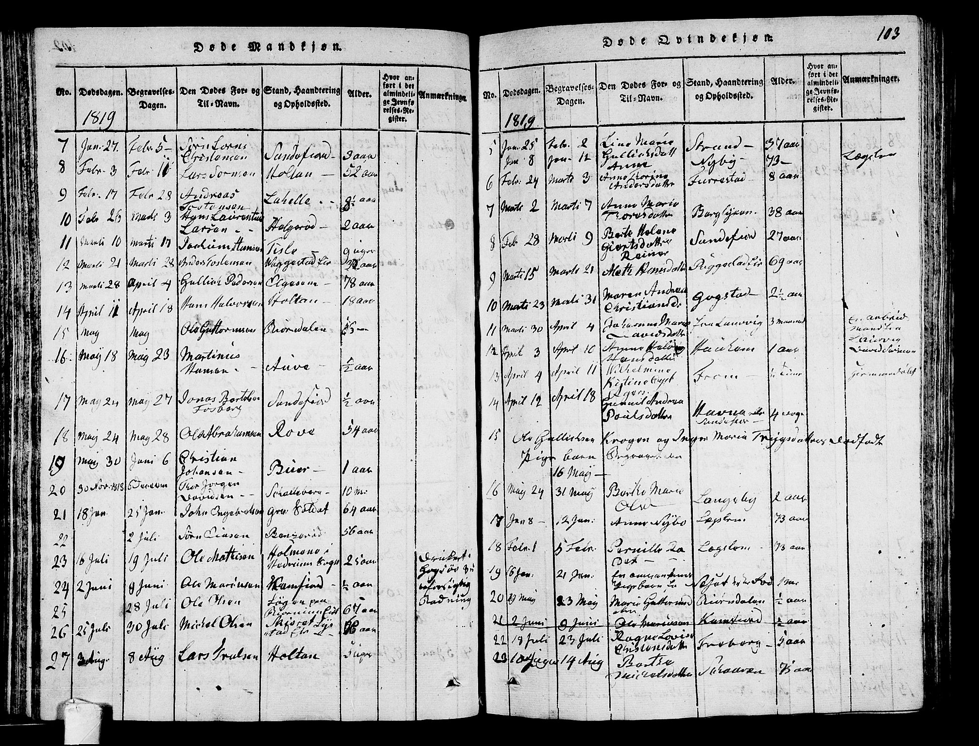 Sandar kirkebøker, SAKO/A-243/G/Ga/L0001: Parish register (copy) no. 1, 1814-1835, p. 103