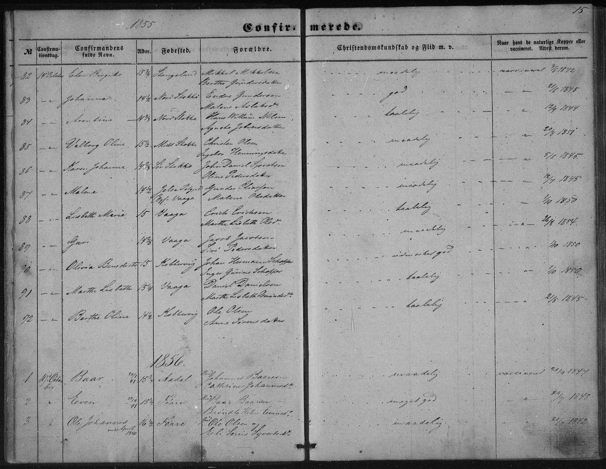 Avaldsnes sokneprestkontor, SAST/A -101851/H/Ha/Haa/L0009: Parish register (official) no. A 9, 1853-1865, p. 15