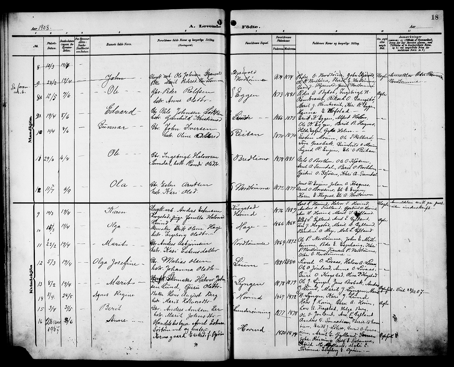 Ministerialprotokoller, klokkerbøker og fødselsregistre - Sør-Trøndelag, SAT/A-1456/692/L1112: Parish register (copy) no. 692C07, 1904-1918, p. 18