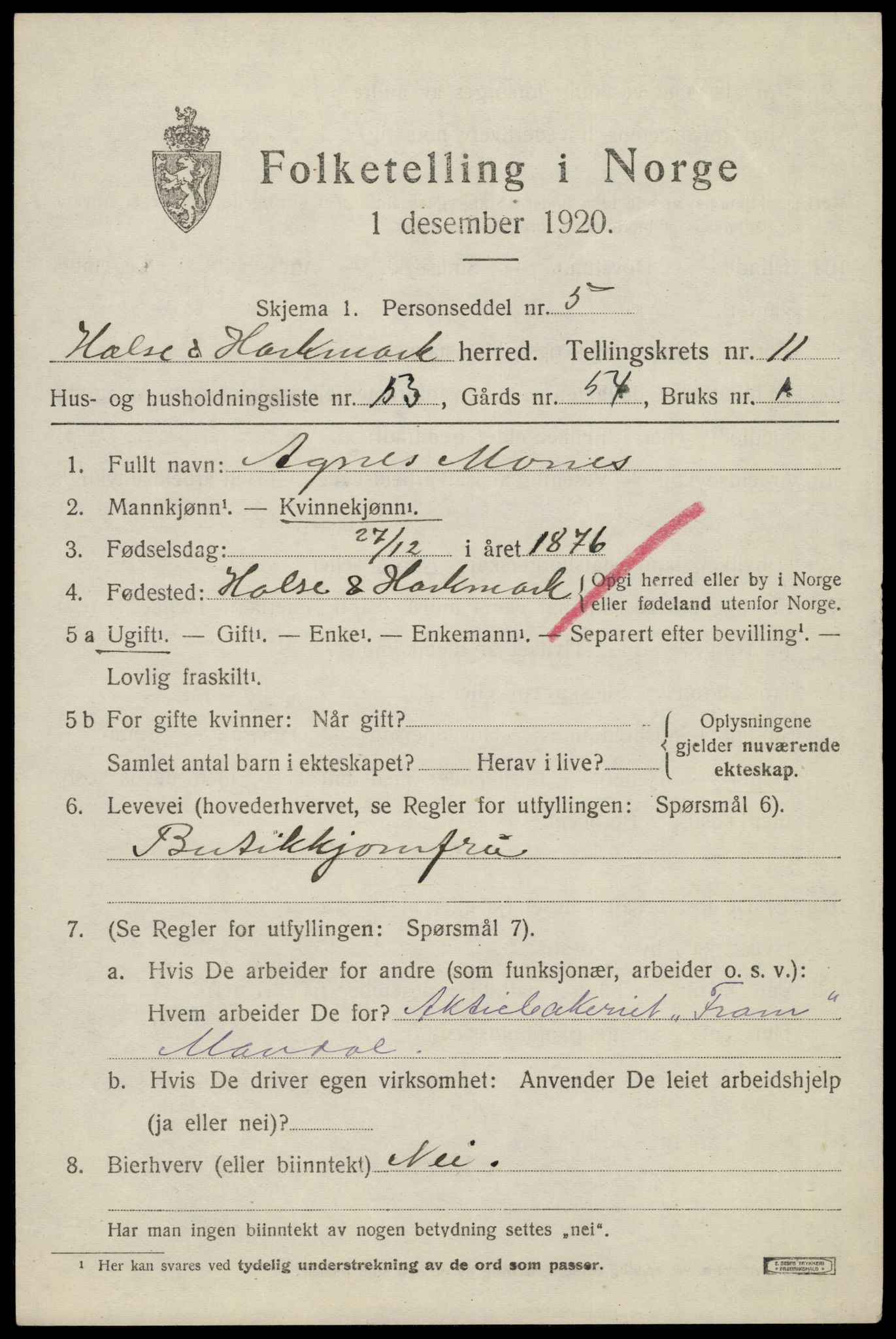 SAK, 1920 census for Halse og Harkmark, 1920, p. 6585