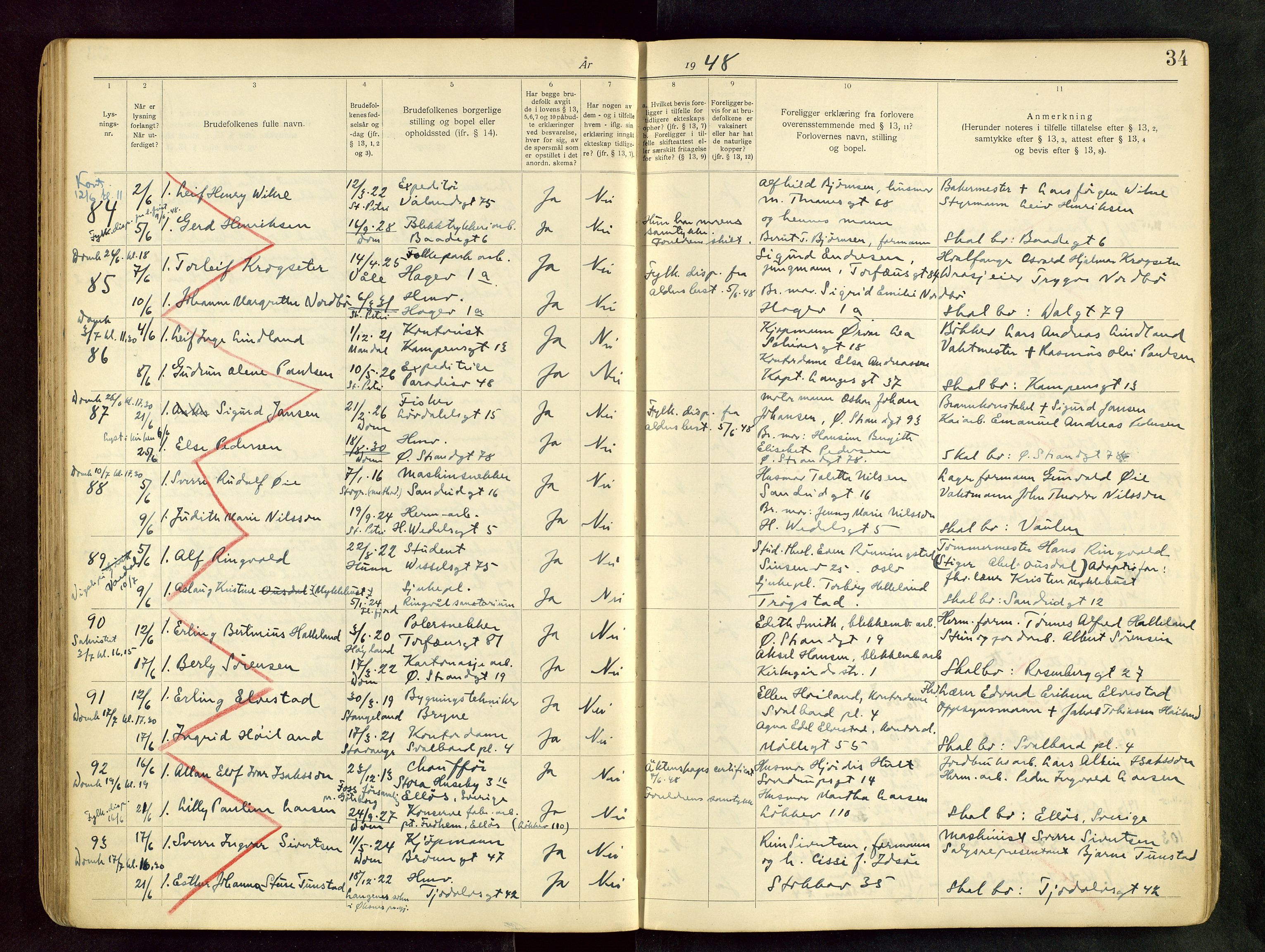 Domkirken sokneprestkontor, AV/SAST-A-101812/001/70/705BB/L0004: Banns register no. 4, 1943-1951, p. 34