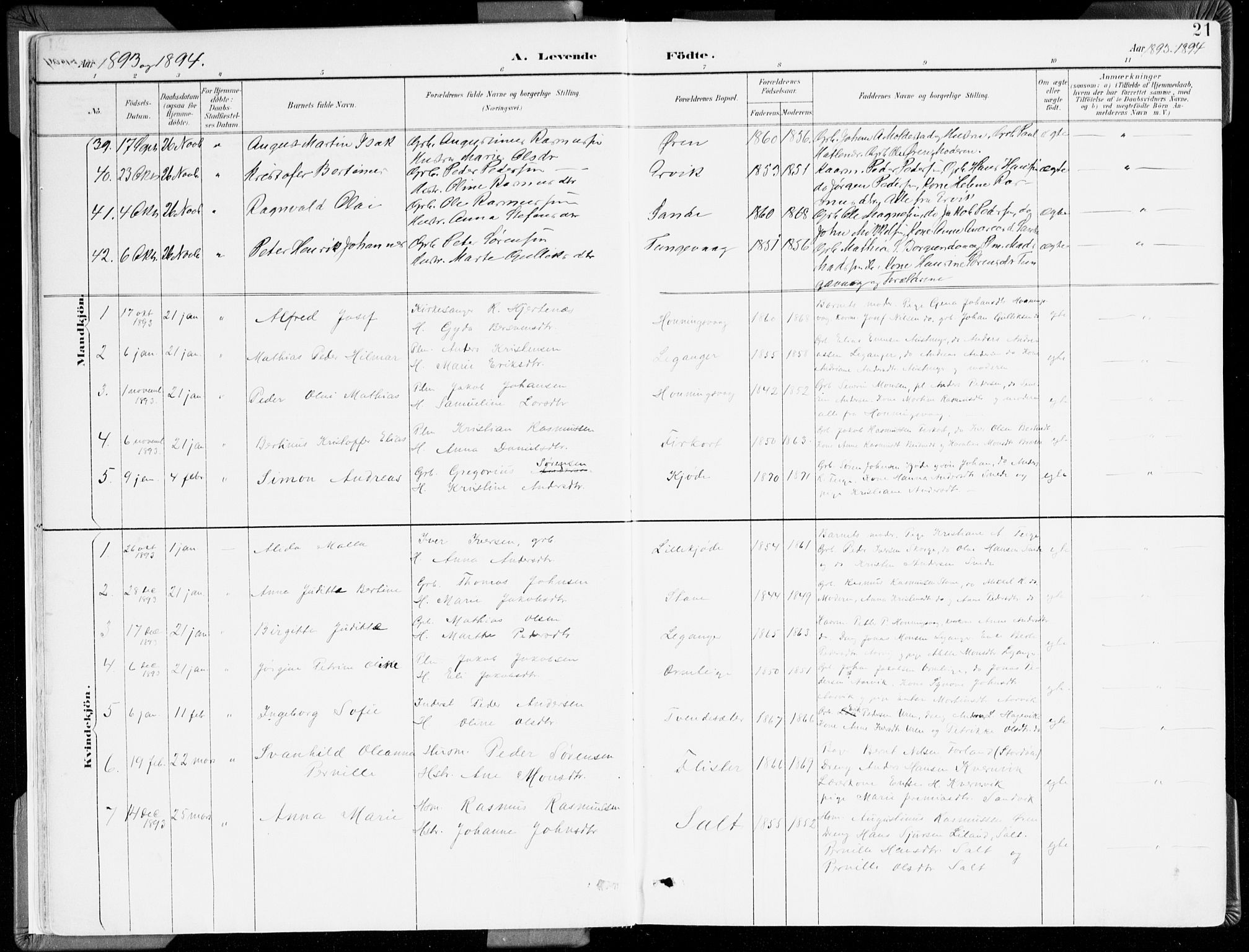 Selje sokneprestembete, SAB/A-99938/H/Ha/Haa/Haab: Parish register (official) no. B 2, 1891-1907, p. 21