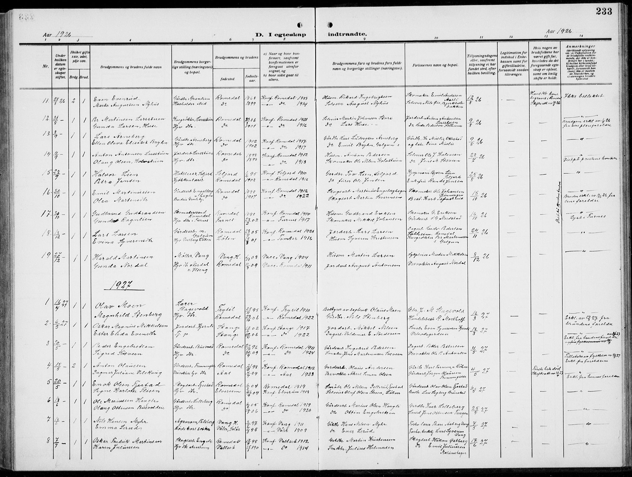 Romedal prestekontor, AV/SAH-PREST-004/L/L0014: Parish register (copy) no. 14, 1915-1939, p. 233