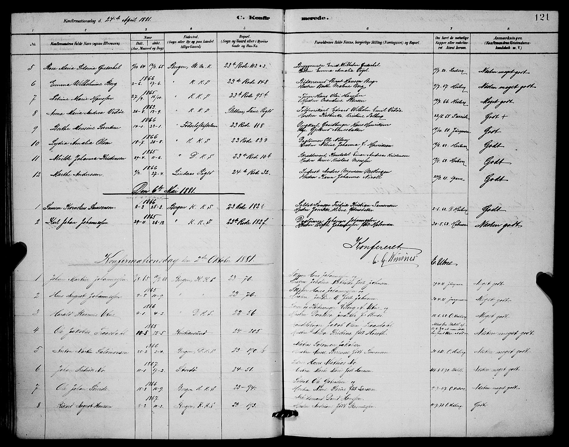 Mariakirken Sokneprestembete, AV/SAB-A-76901/H/Hab/L0004: Parish register (copy) no. A 4, 1878-1892, p. 121