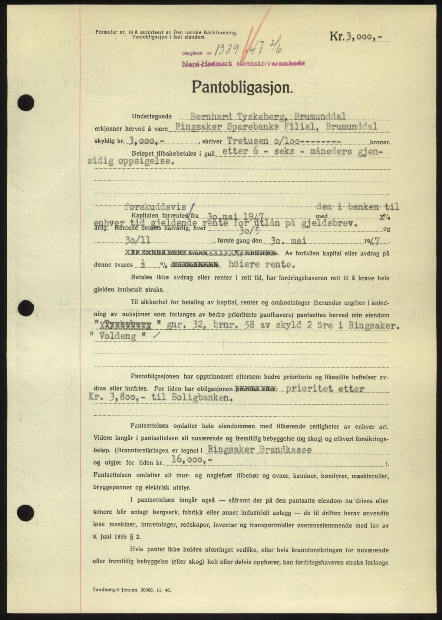 Nord-Hedmark sorenskriveri, AV/SAH-TING-012/H/Hb/Hbf/L0013: Mortgage book no. B13, 1947-1947, Diary no: : 1389/1947