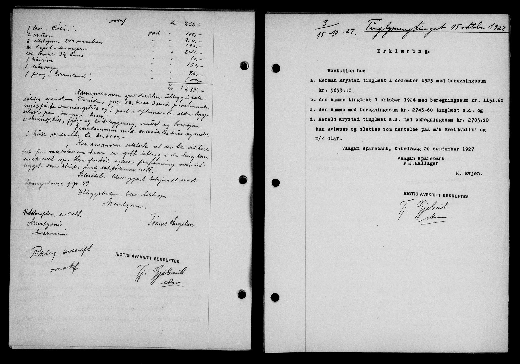 Lofoten sorenskriveri, SAT/A-0017/1/2/2C/L0016b: Mortgage book no. 16b, 1927-1927, Deed date: 15.10.1927