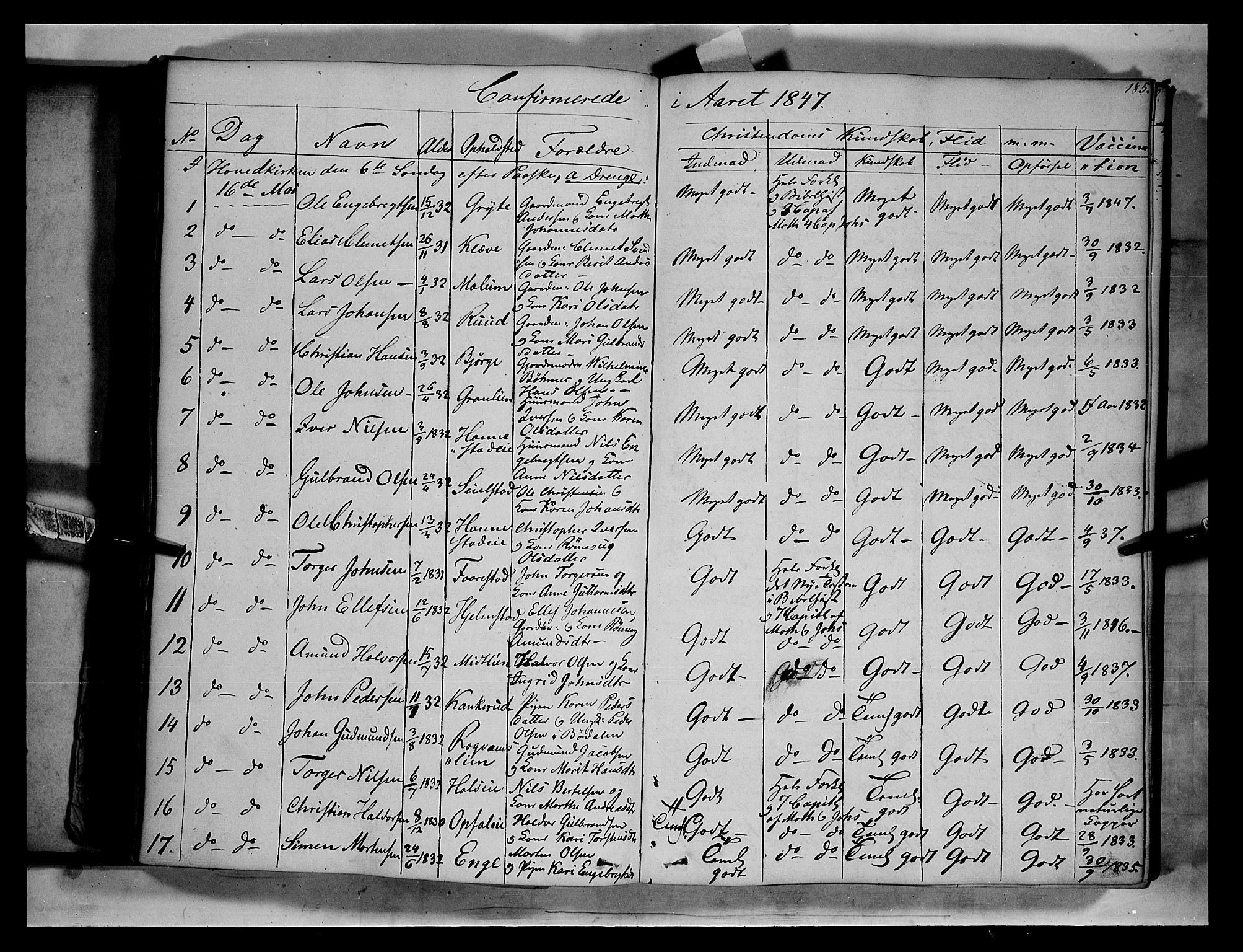 Gausdal prestekontor, SAH/PREST-090/H/Ha/Haa/L0007: Parish register (official) no. 7, 1840-1850, p. 185