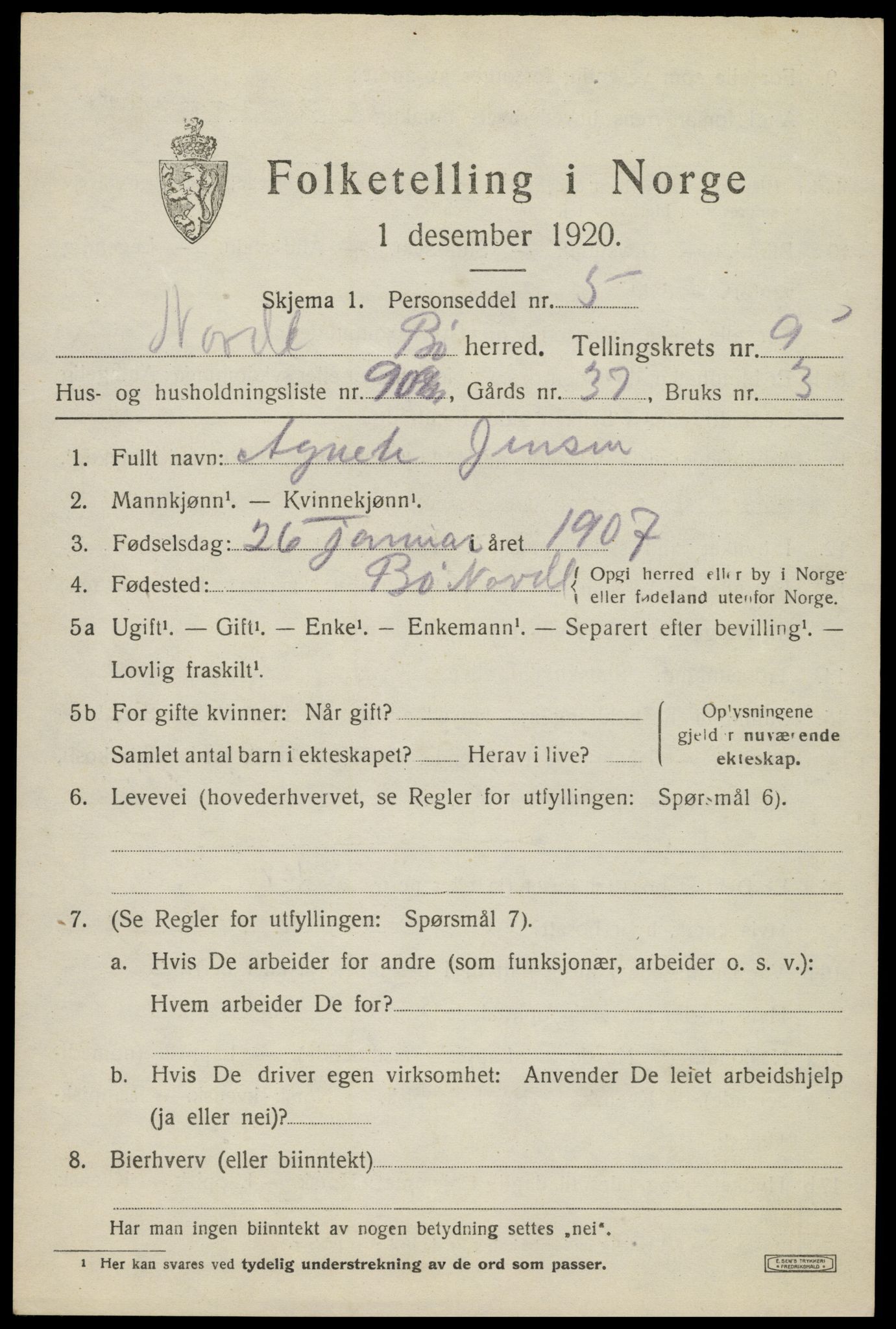 SAT, 1920 census for Bø, 1920, p. 8510