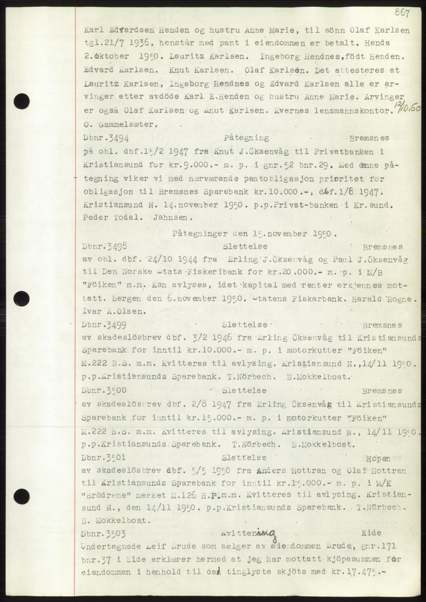 Nordmøre sorenskriveri, AV/SAT-A-4132/1/2/2Ca: Mortgage book no. C82b, 1946-1951, Diary no: : 3494/1950