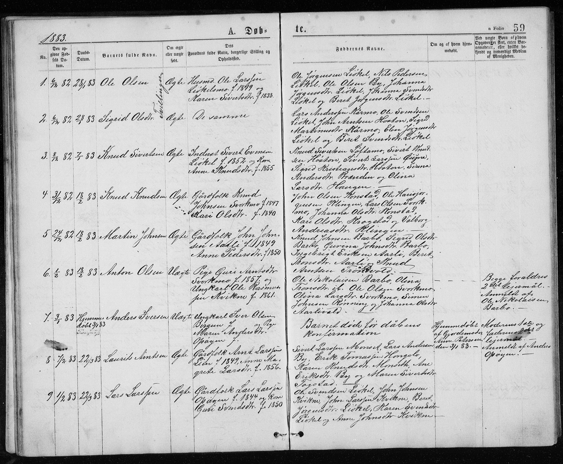 Ministerialprotokoller, klokkerbøker og fødselsregistre - Sør-Trøndelag, SAT/A-1456/671/L0843: Parish register (copy) no. 671C02, 1873-1892, p. 59