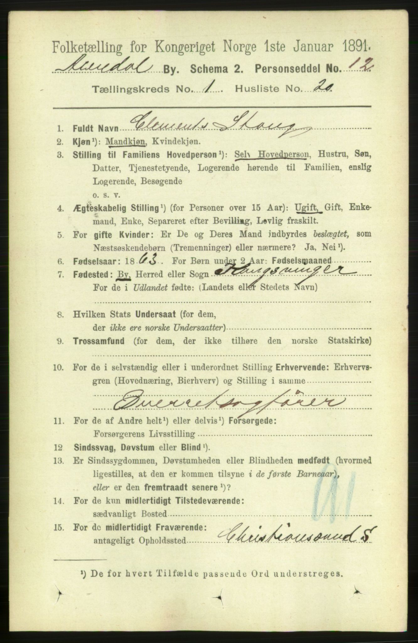 RA, 1891 census for 0903 Arendal, 1891, p. 1210